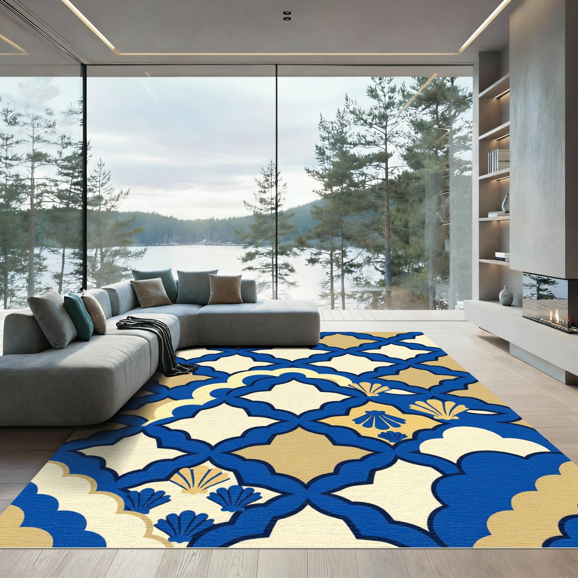 Navy and Gold Scalloped Shell Grid Rug