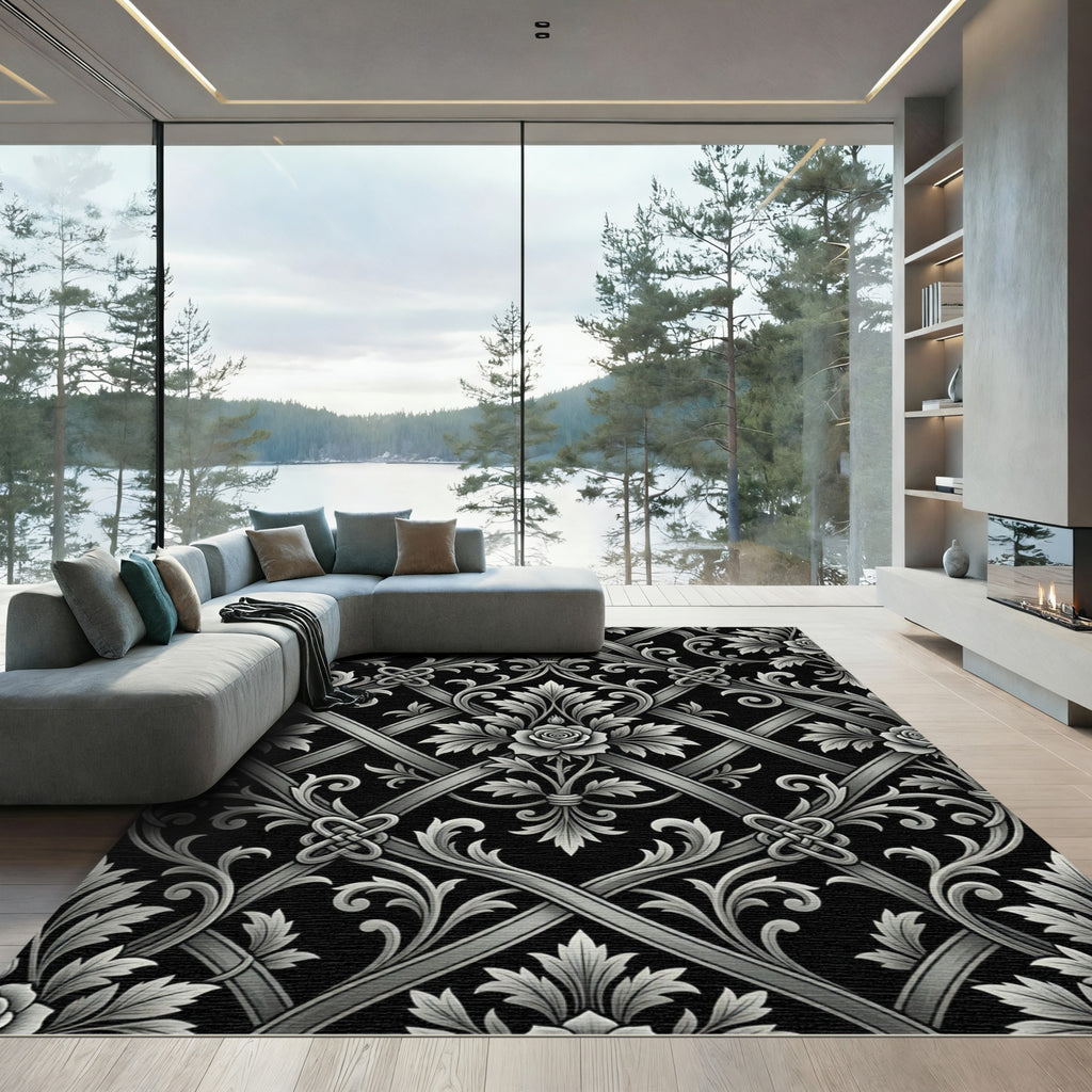 Ornate Gray Floral Lattice Rug