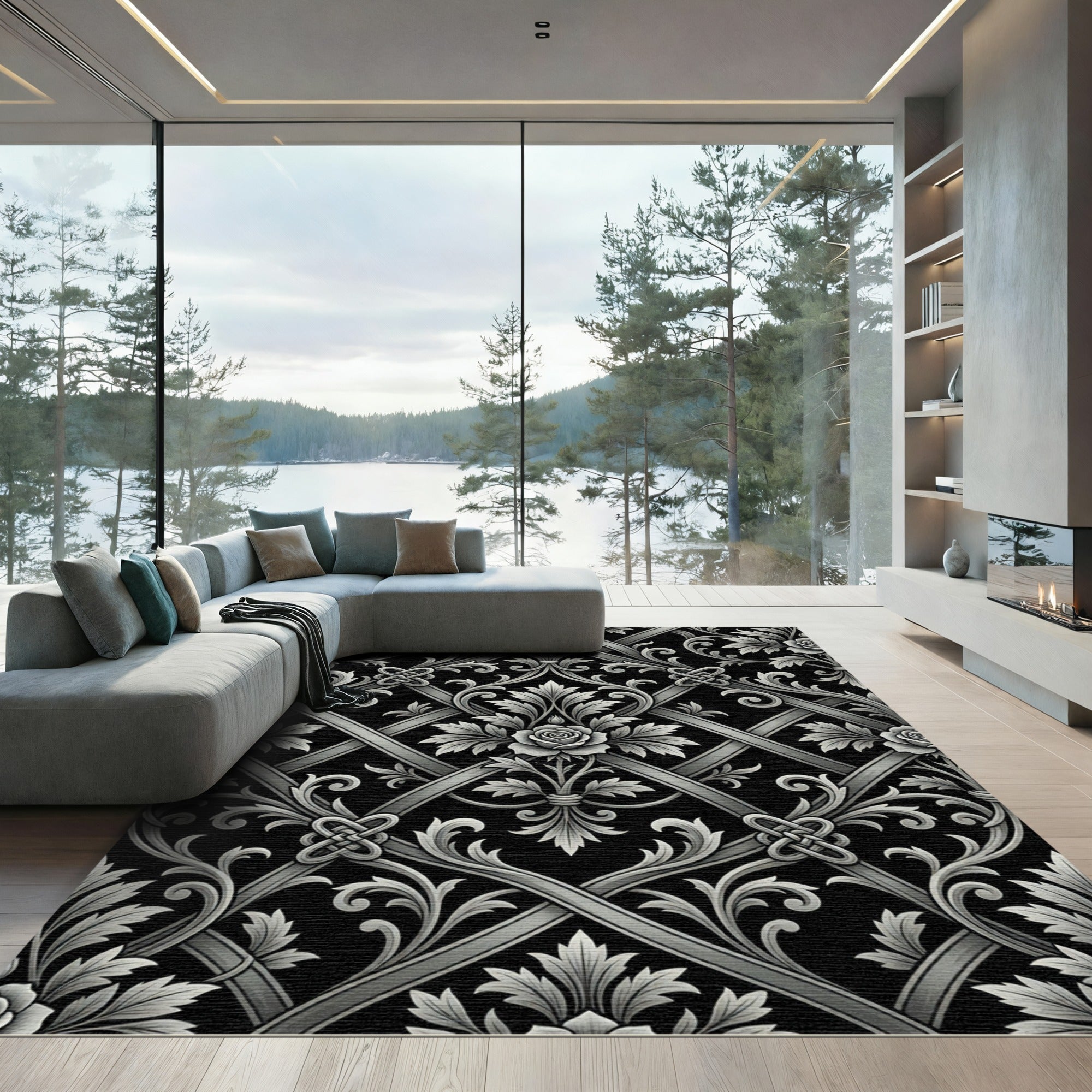 Ornate Gray Floral Lattice Rug