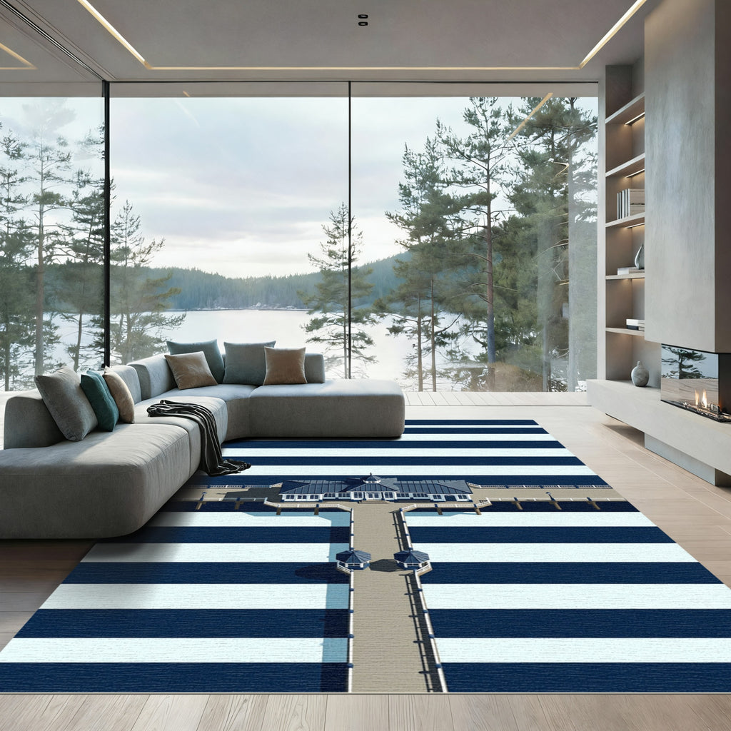 Minimalist Navy and White Striped Pier Rug
