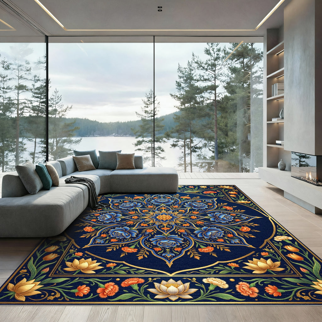 Elegant Navy Floral Gold Medallion Art Rug
