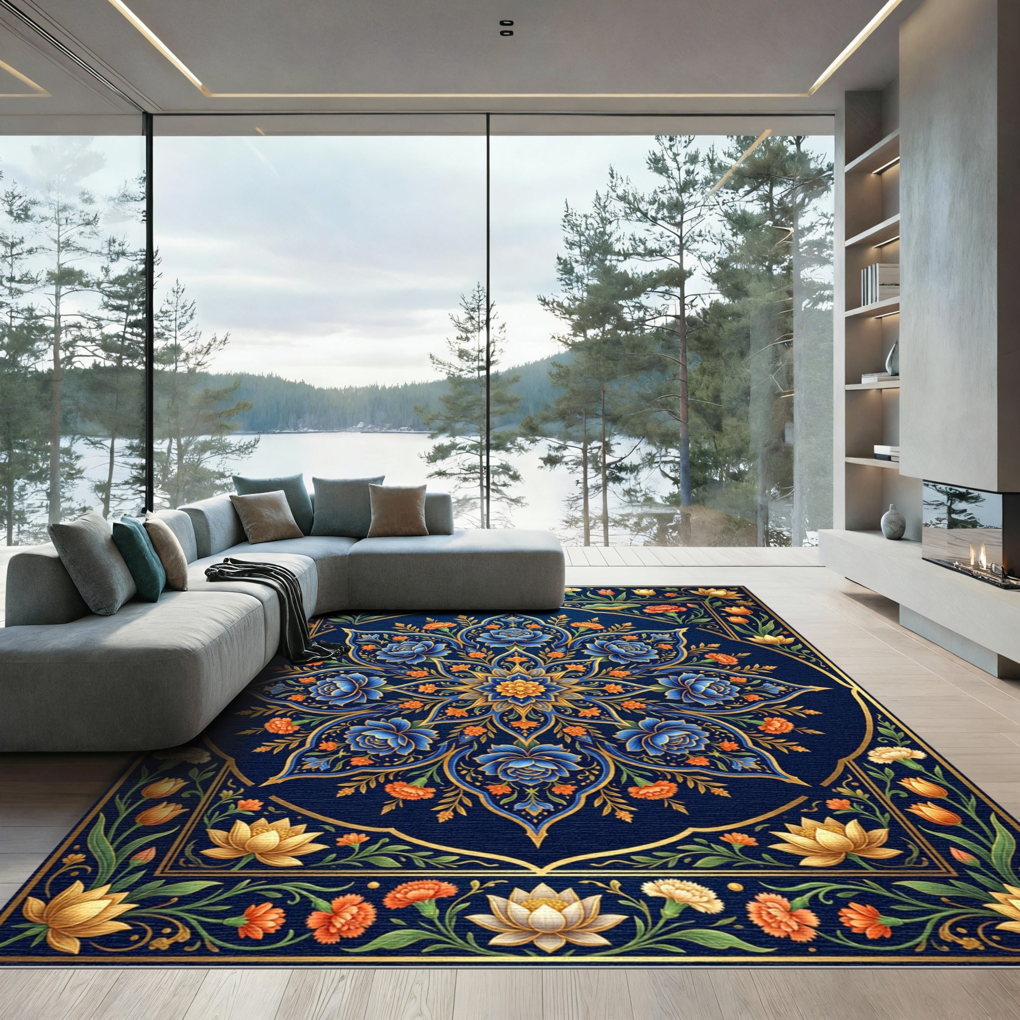 Elegant Navy Floral Gold Medallion Art Rug