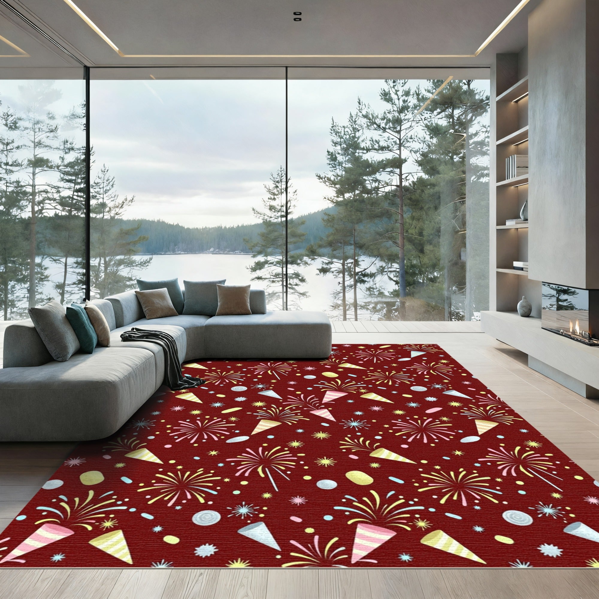 Crimson Festive Confetti Celebration Burst Rug