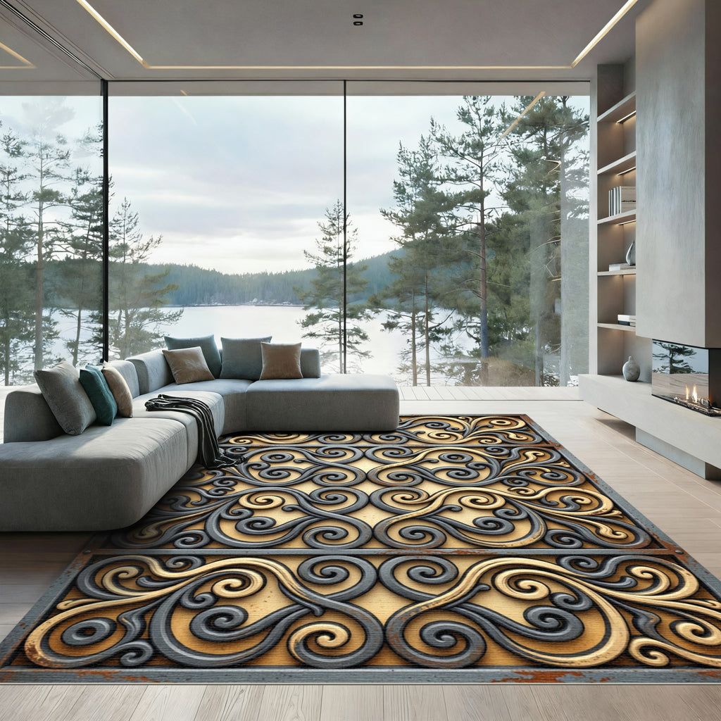 Elegant Gold Gray Scrollwork Swirl Rug