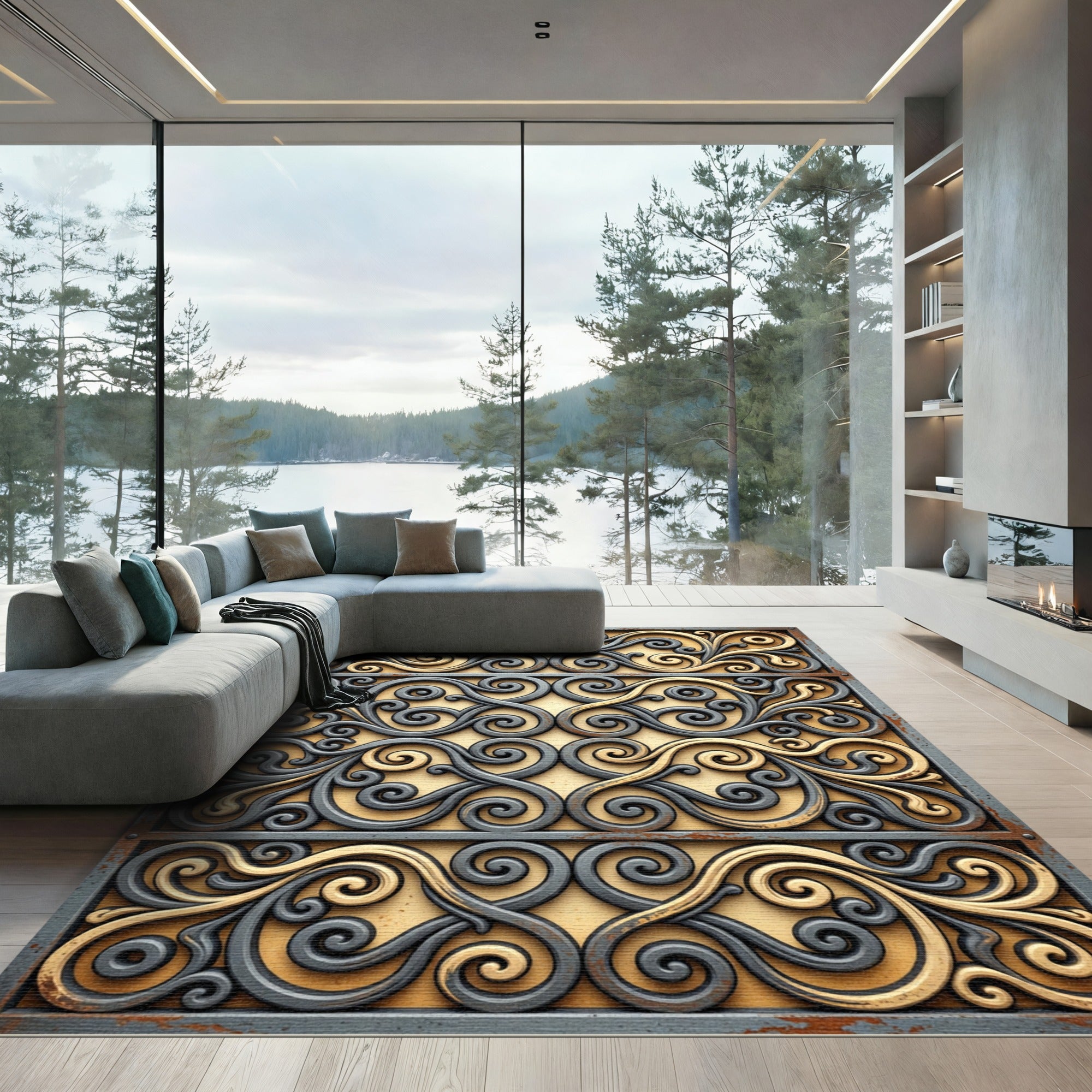 Elegant Gold Gray Scrollwork Swirl Rug