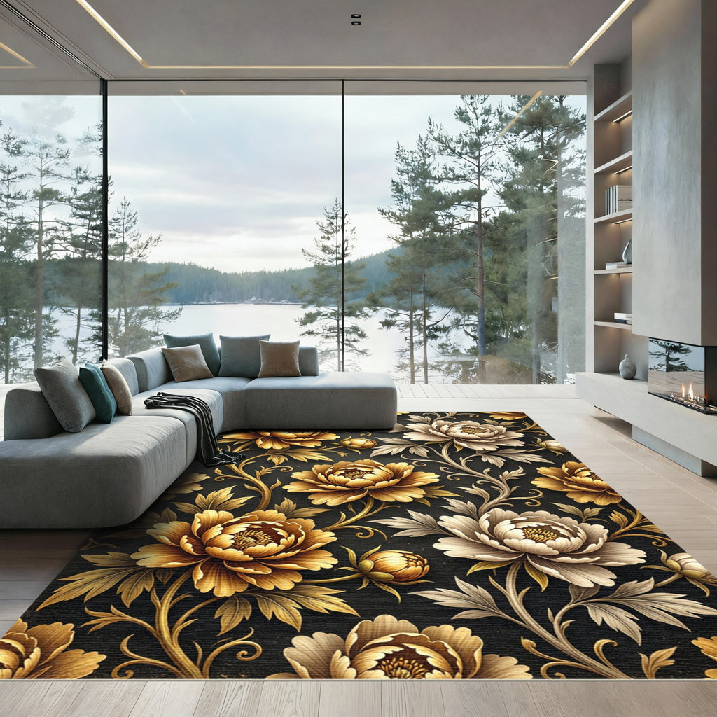 Golden Peony Floral Black Art Deco Rug