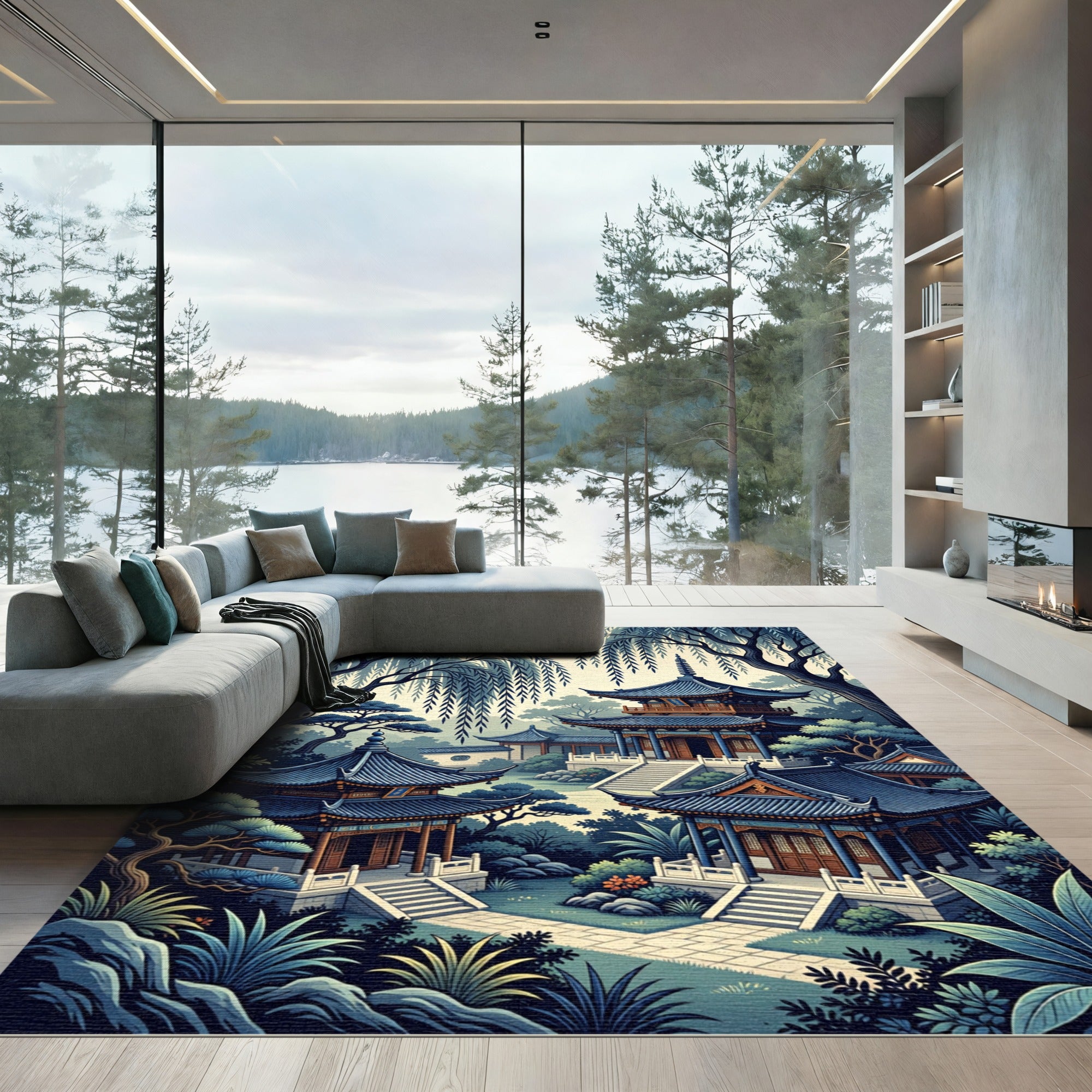Azure Pagoda Serene Landscape Scene Rug