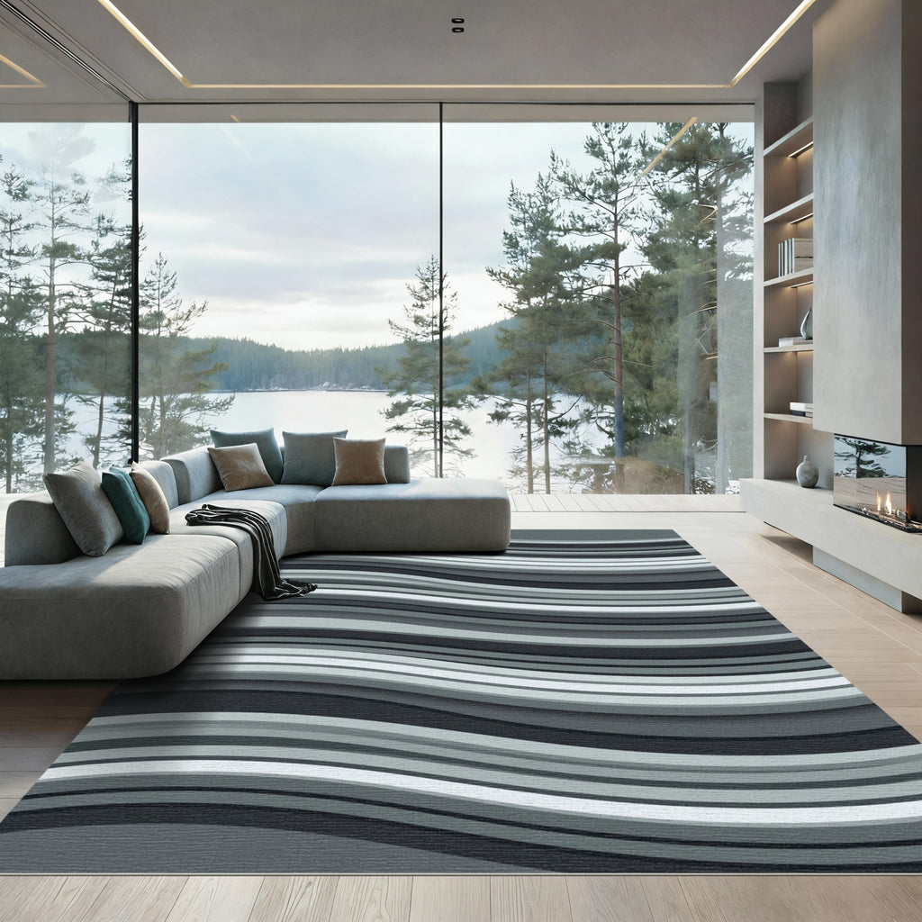 Minimalist Charcoal and Silver Wave Rug