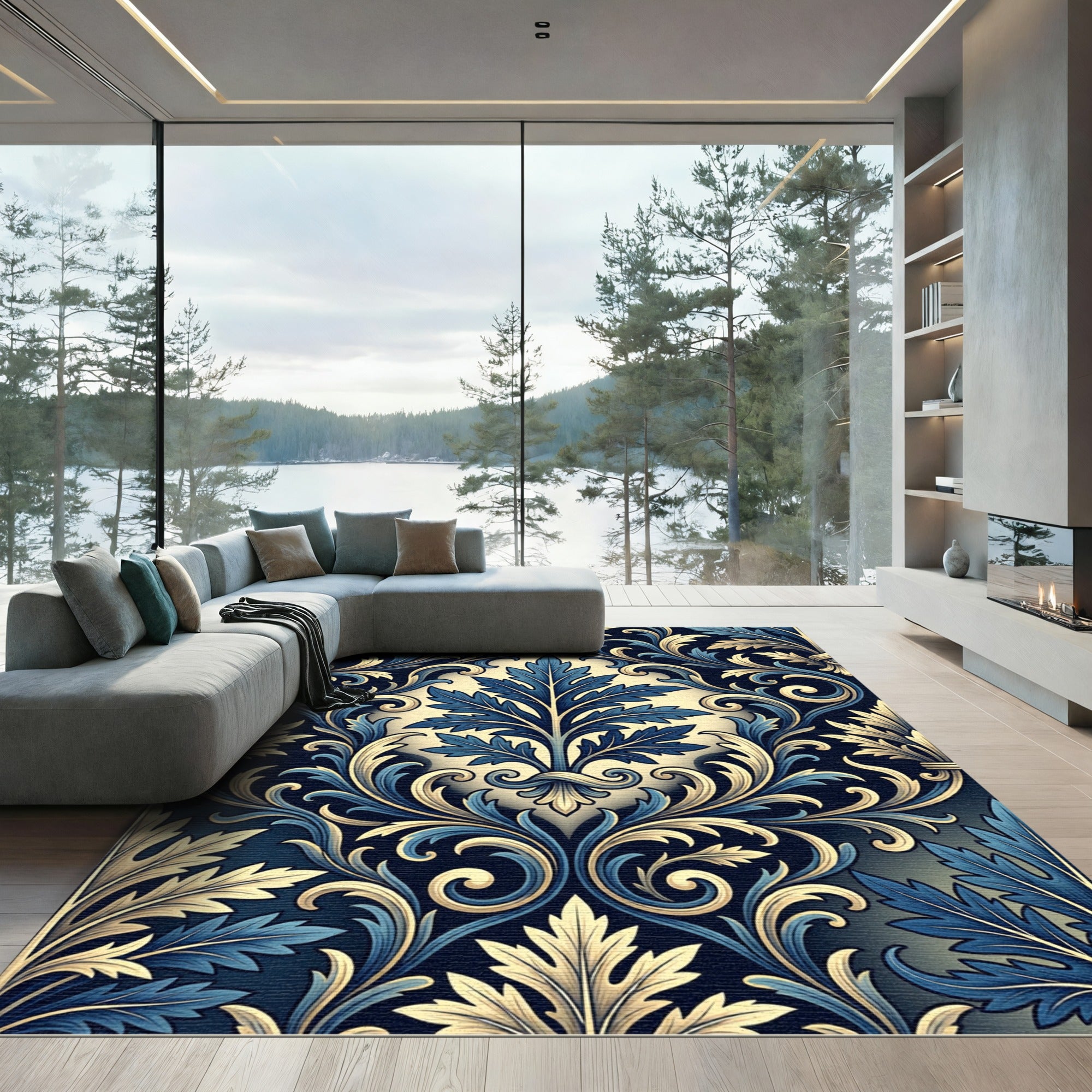 Elegant Navy and Gold Acanthus Damask Rug