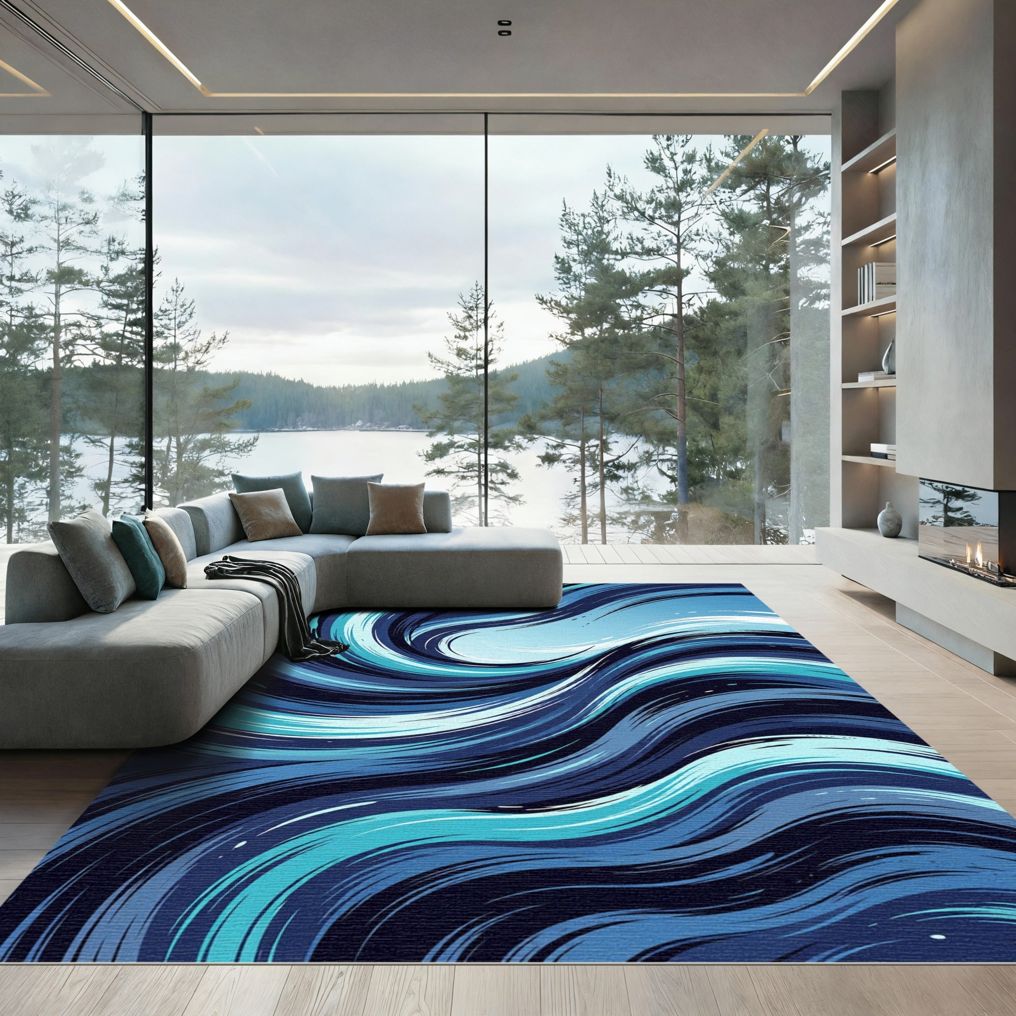 Ocean Swirl Abstract Navy Blue Wave Rug