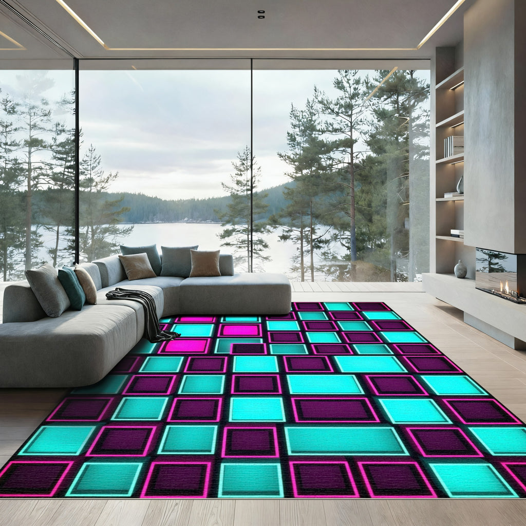 Neon Cyber Grid Geometric Mosaic Rug