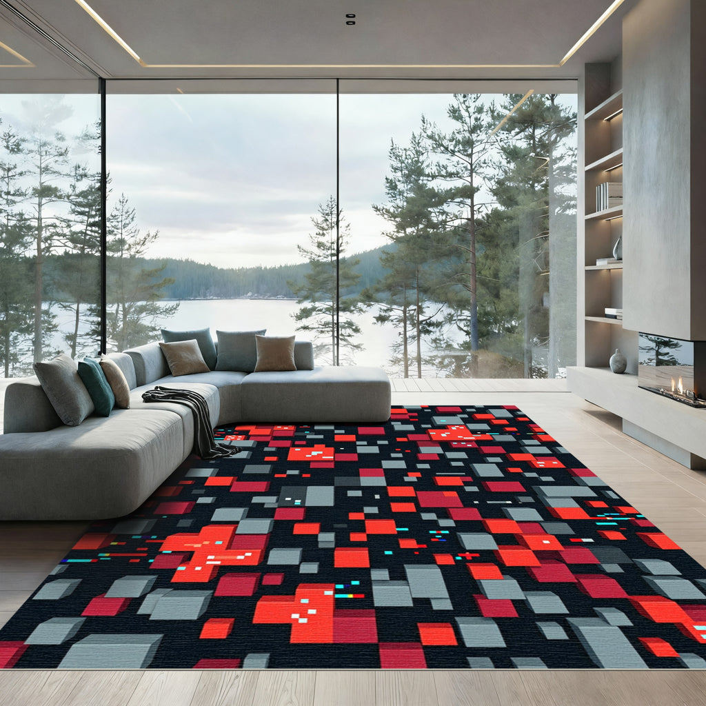 Modern Red Gray Geometric Pixel Block Rug