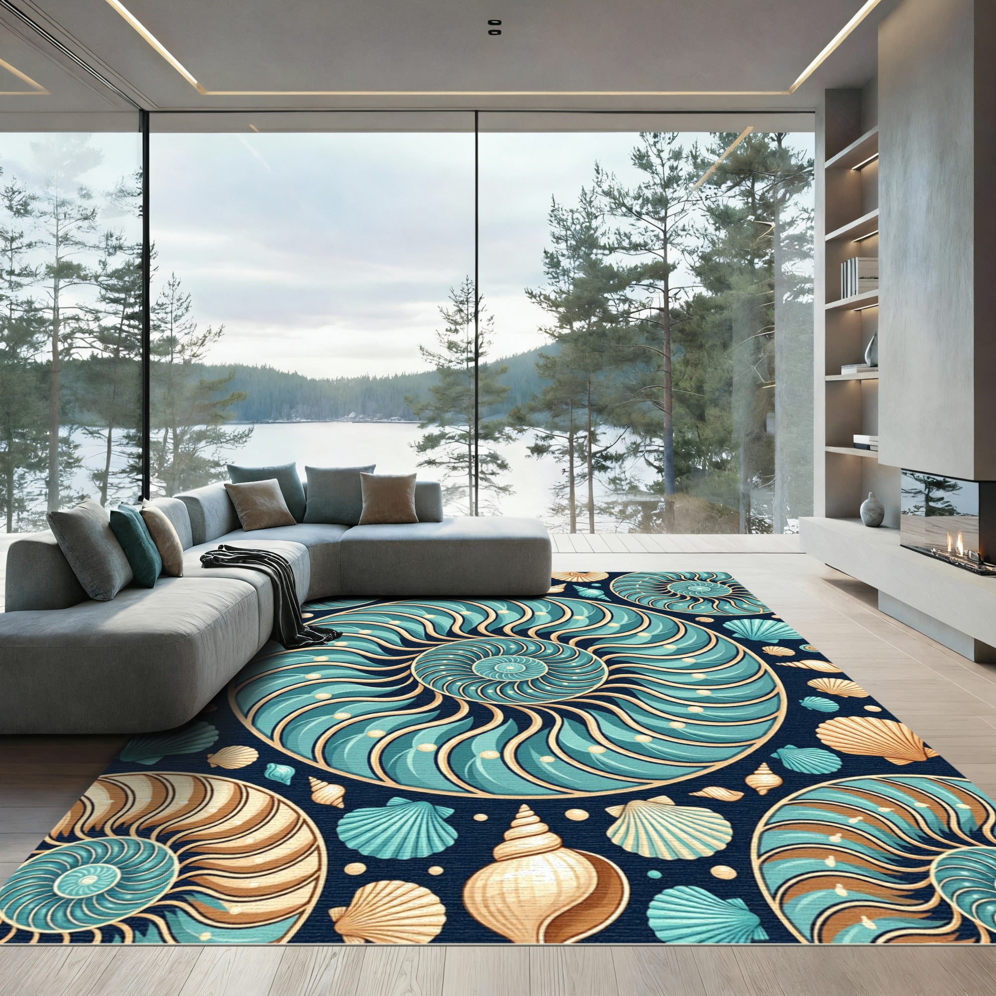 Teal Ocean Nautilus Shell Collage Rug