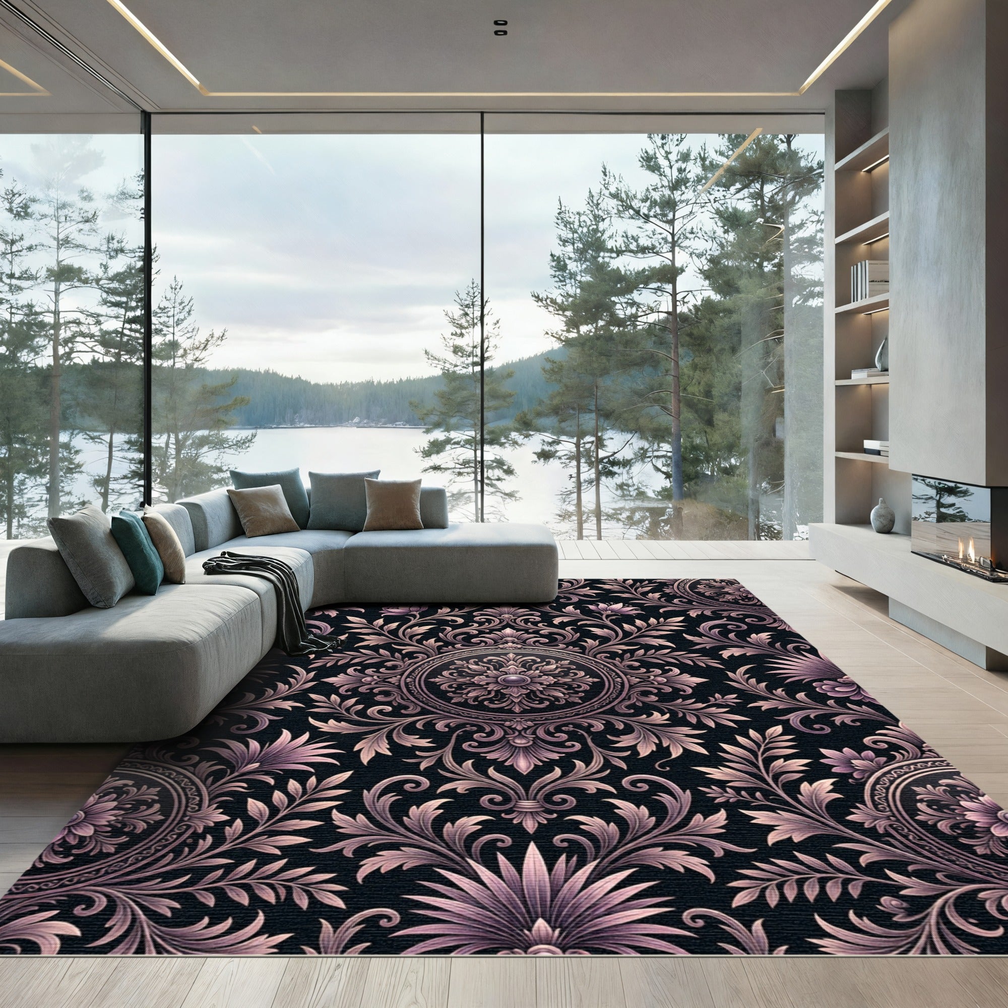 Elegant Mauve Damask Floral Medallion Rug