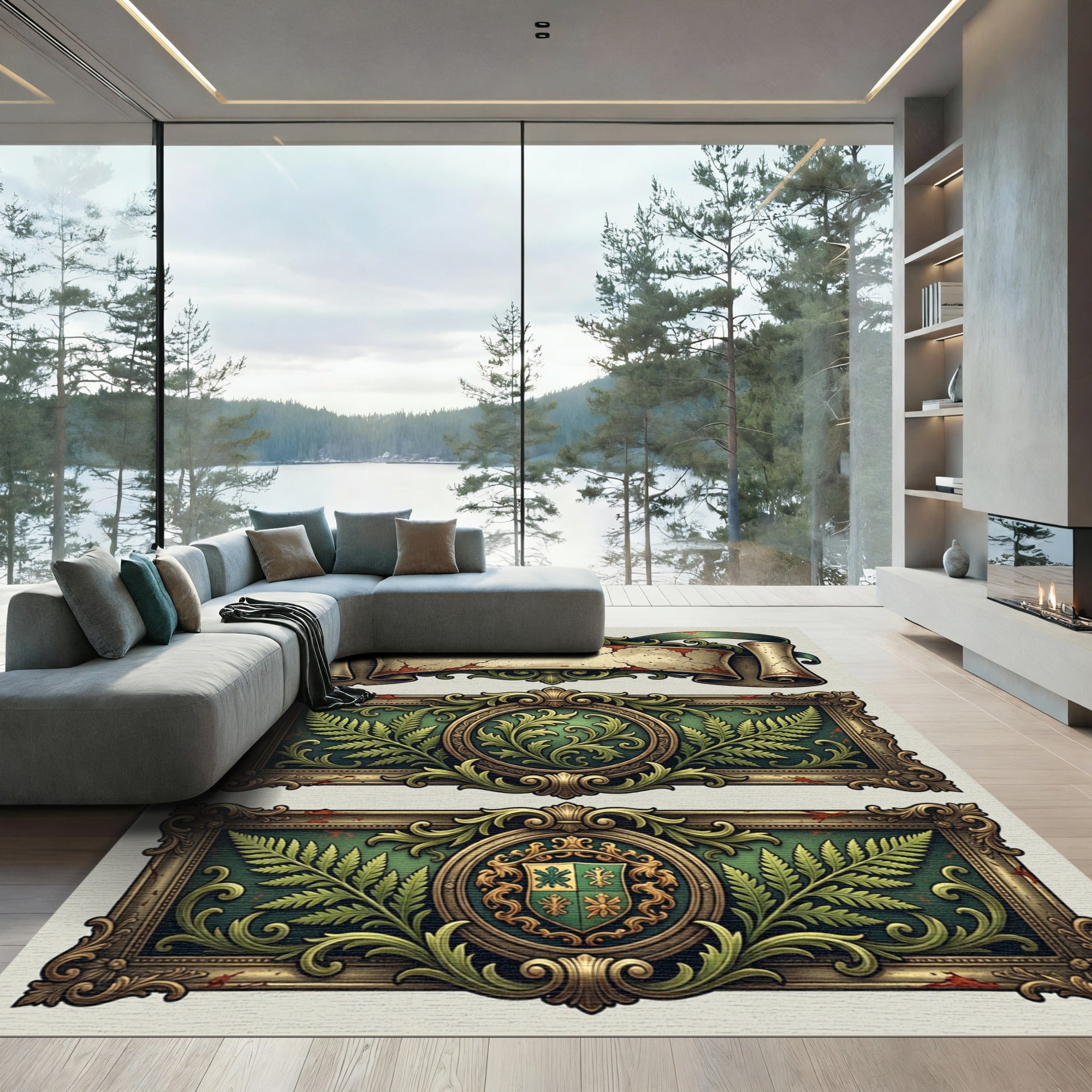 Ornate Green Gold Fern Crest Border Rug