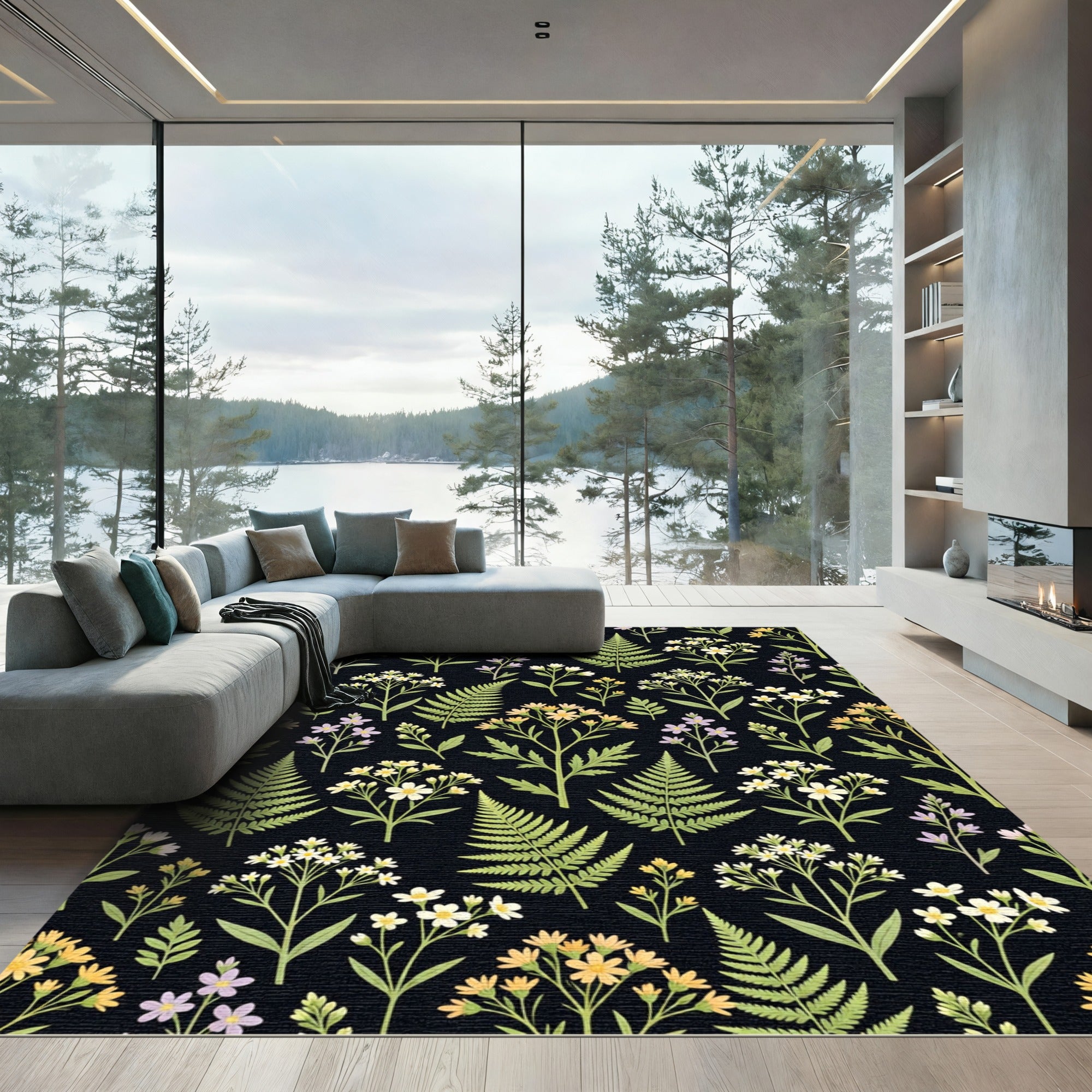 Black Botanical Garden Floral Arrangement Rug