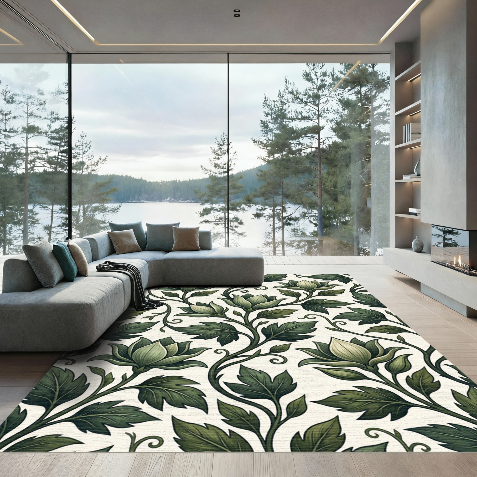 Verdant Green Floral Vine Arrangement Rug