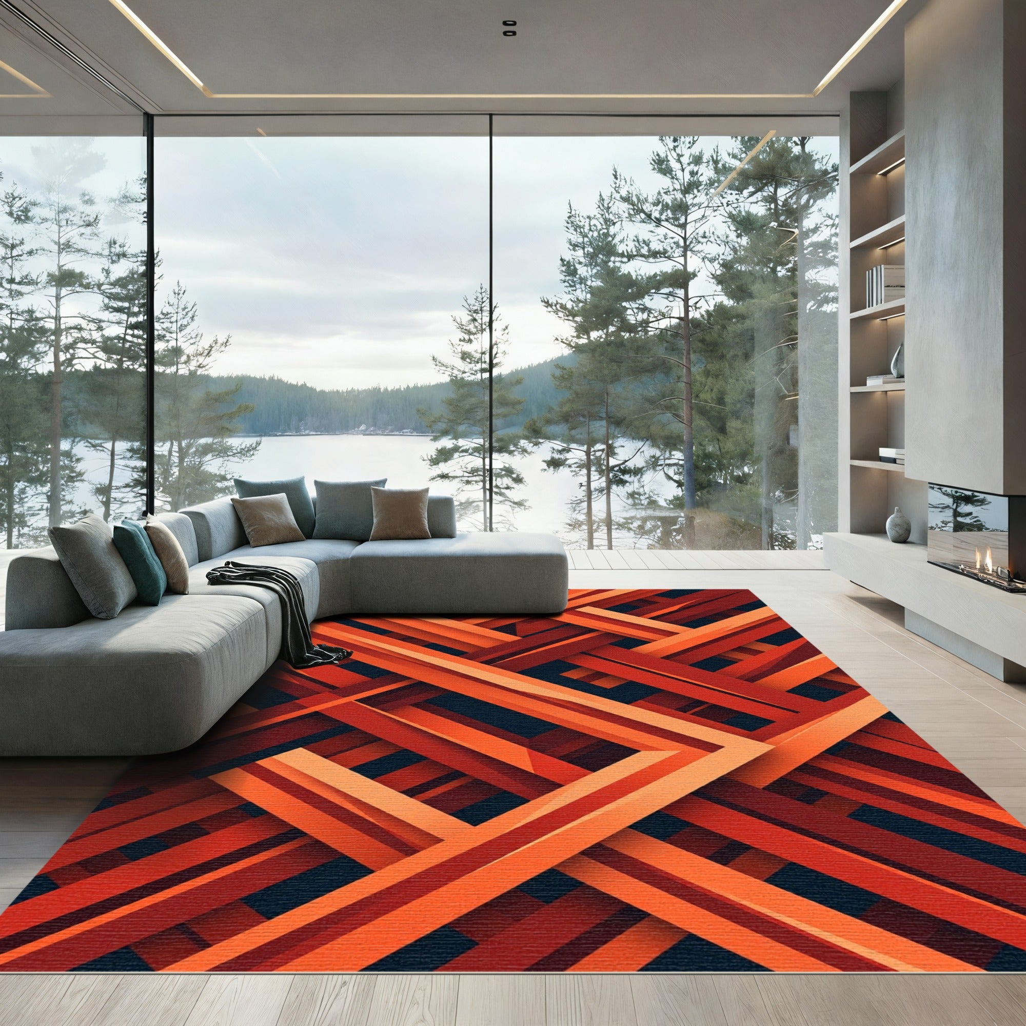 Geometric Intersecting Crimson Amber Linear Art Rug
