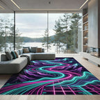 Neon Synthwave Mountain Landscape Electric Grid Rug