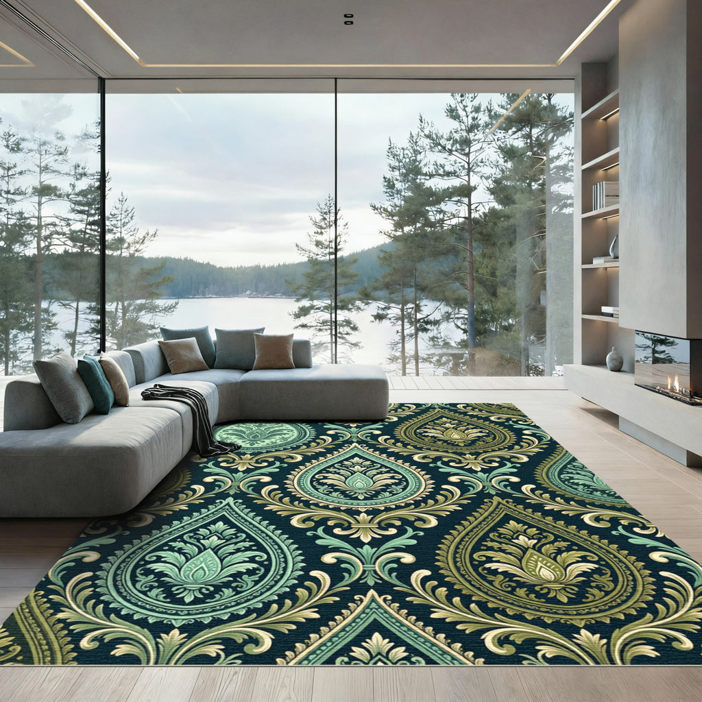 Teal Gold Damask Floral Medallion Rug