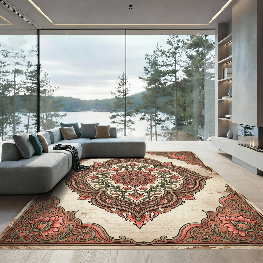 Coral And Sage Floral Medallion Detail Rug