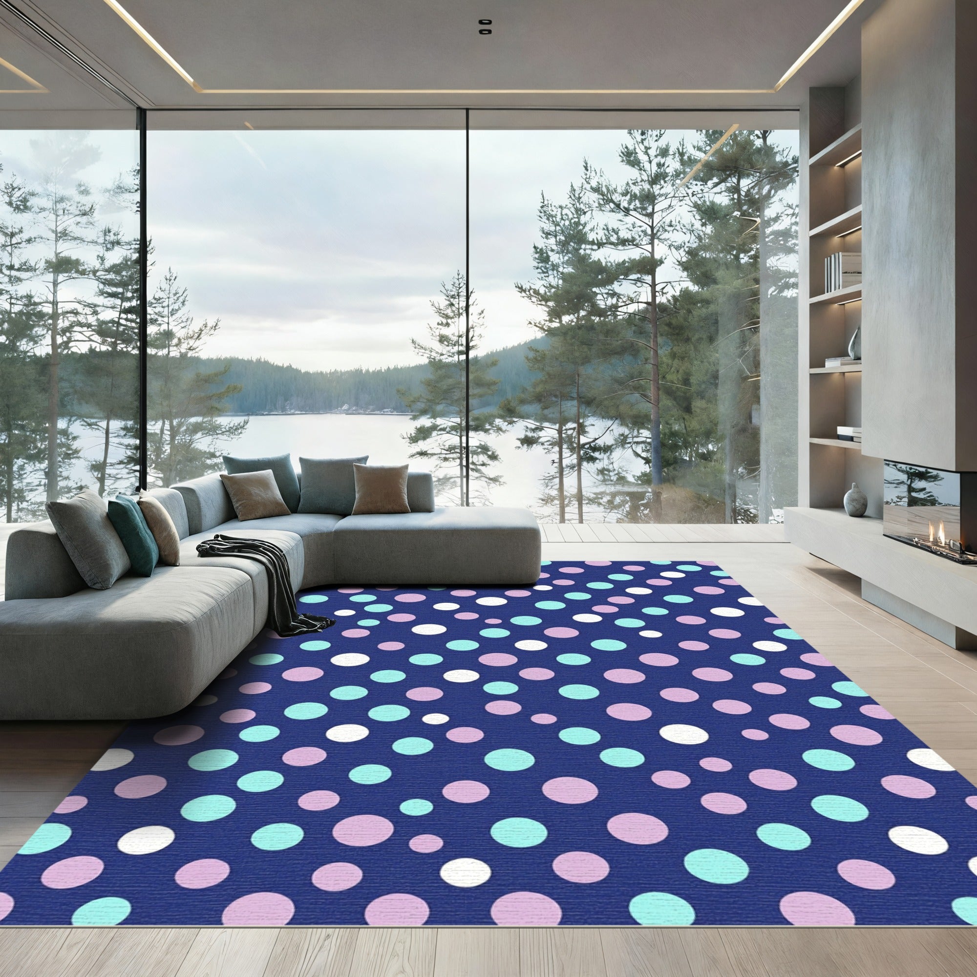Navy Blue Multi Color Polka Dots Rug
