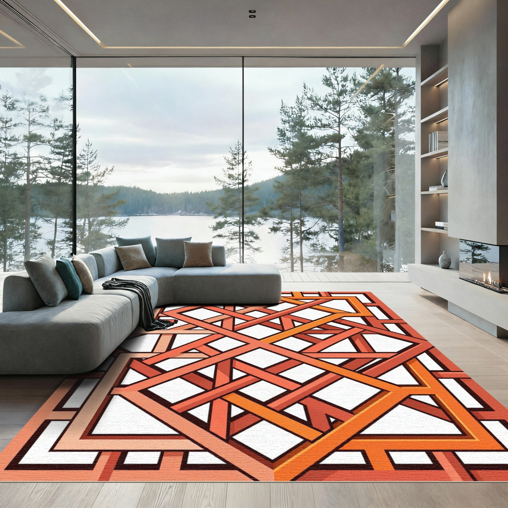 Geometric Terracotta Interlocking Linear Weave Rug
