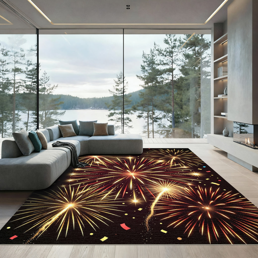 Golden Red Firework Burst Rug