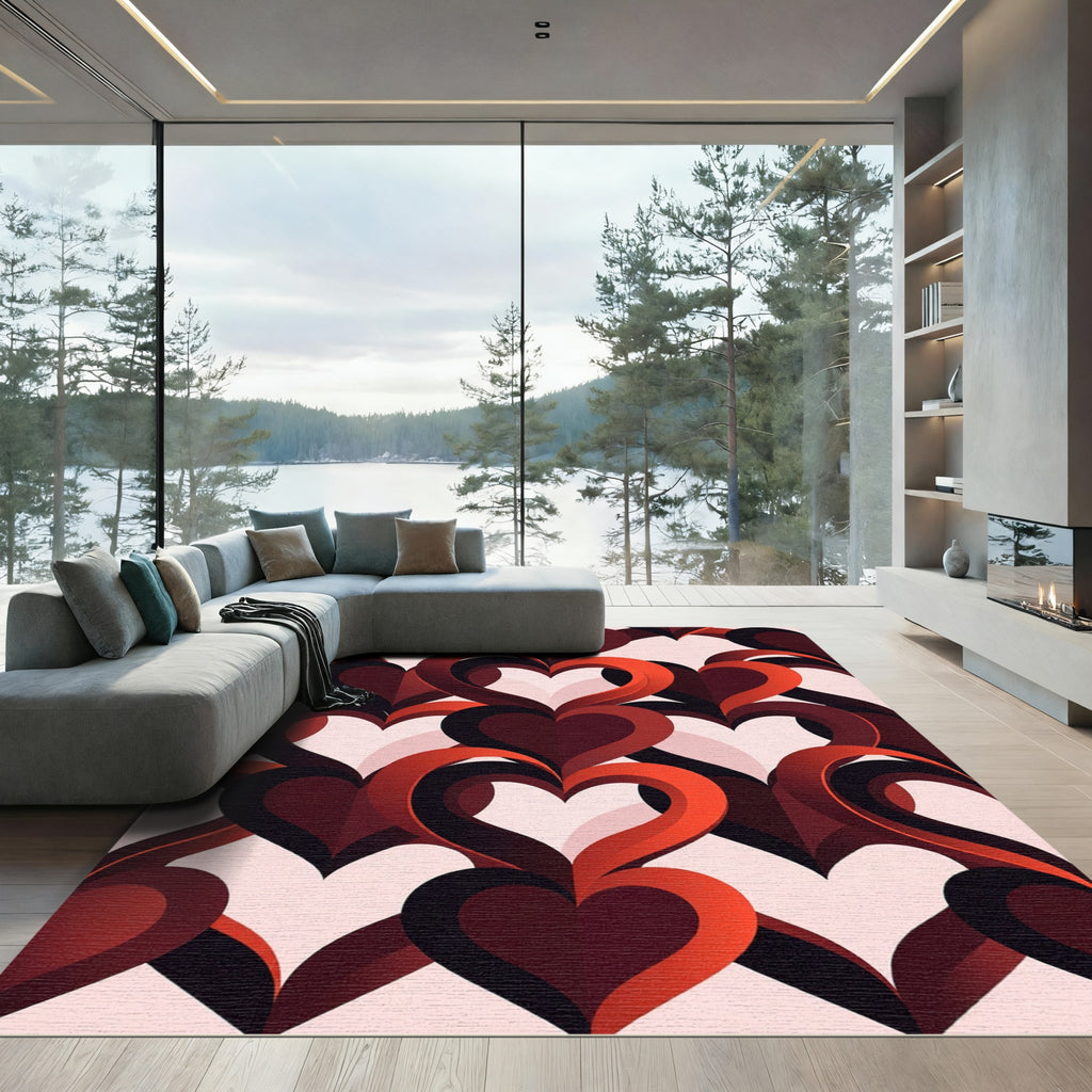 Modern Radiant Red Layered Heart Rug