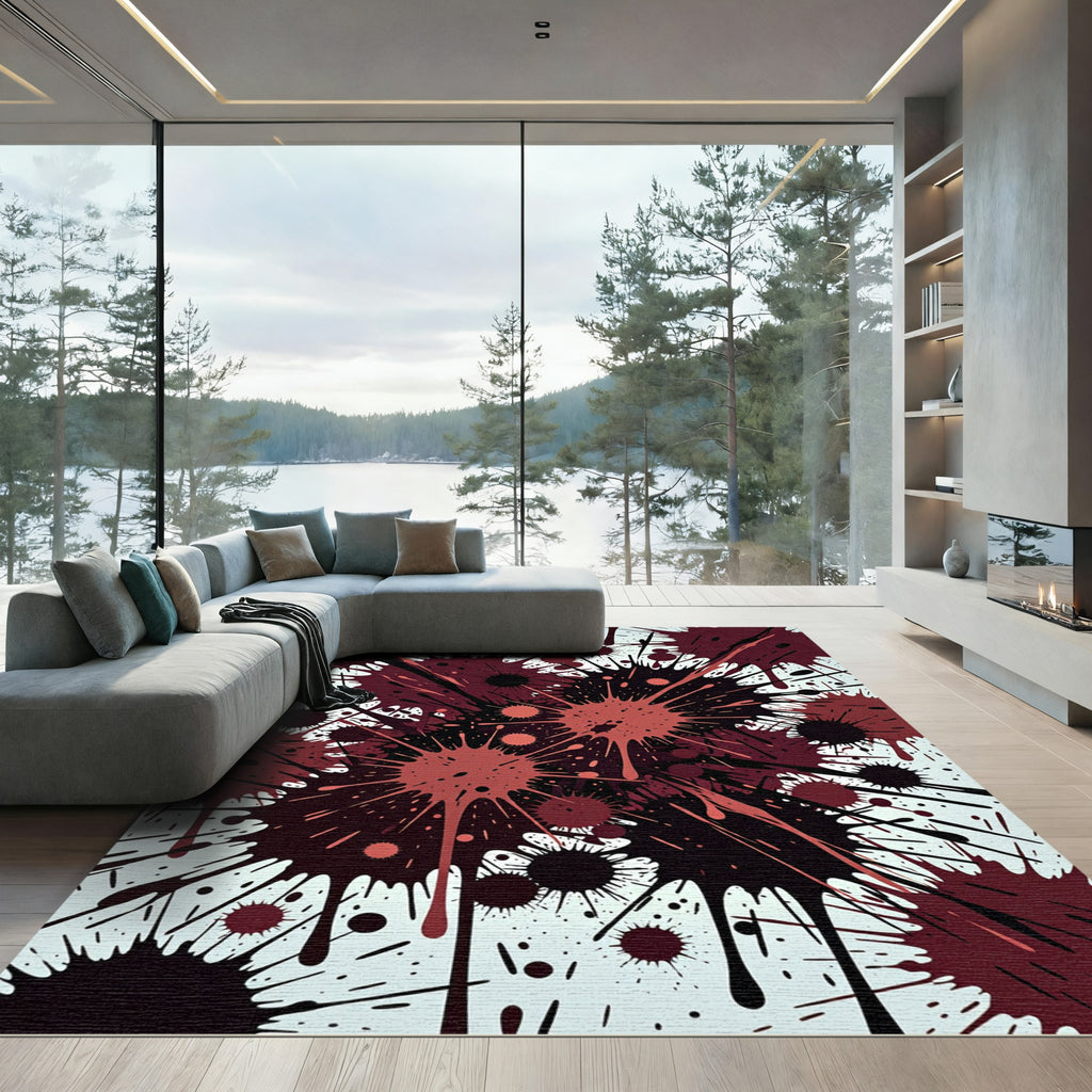 Dramatic Crimson Ink Splatter Abstract Rug