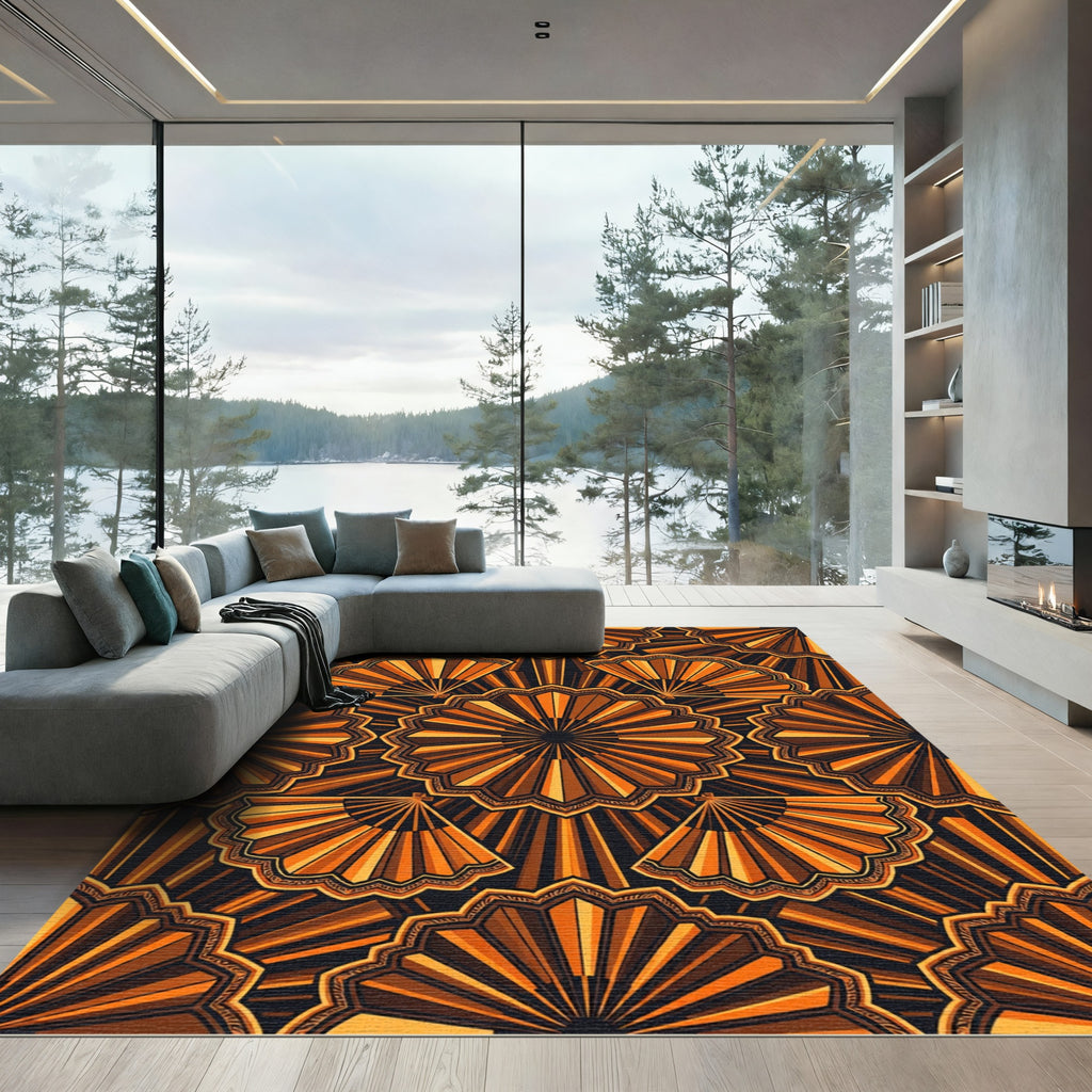 Orange Sunburst Fan Geometric Arrangement Rug