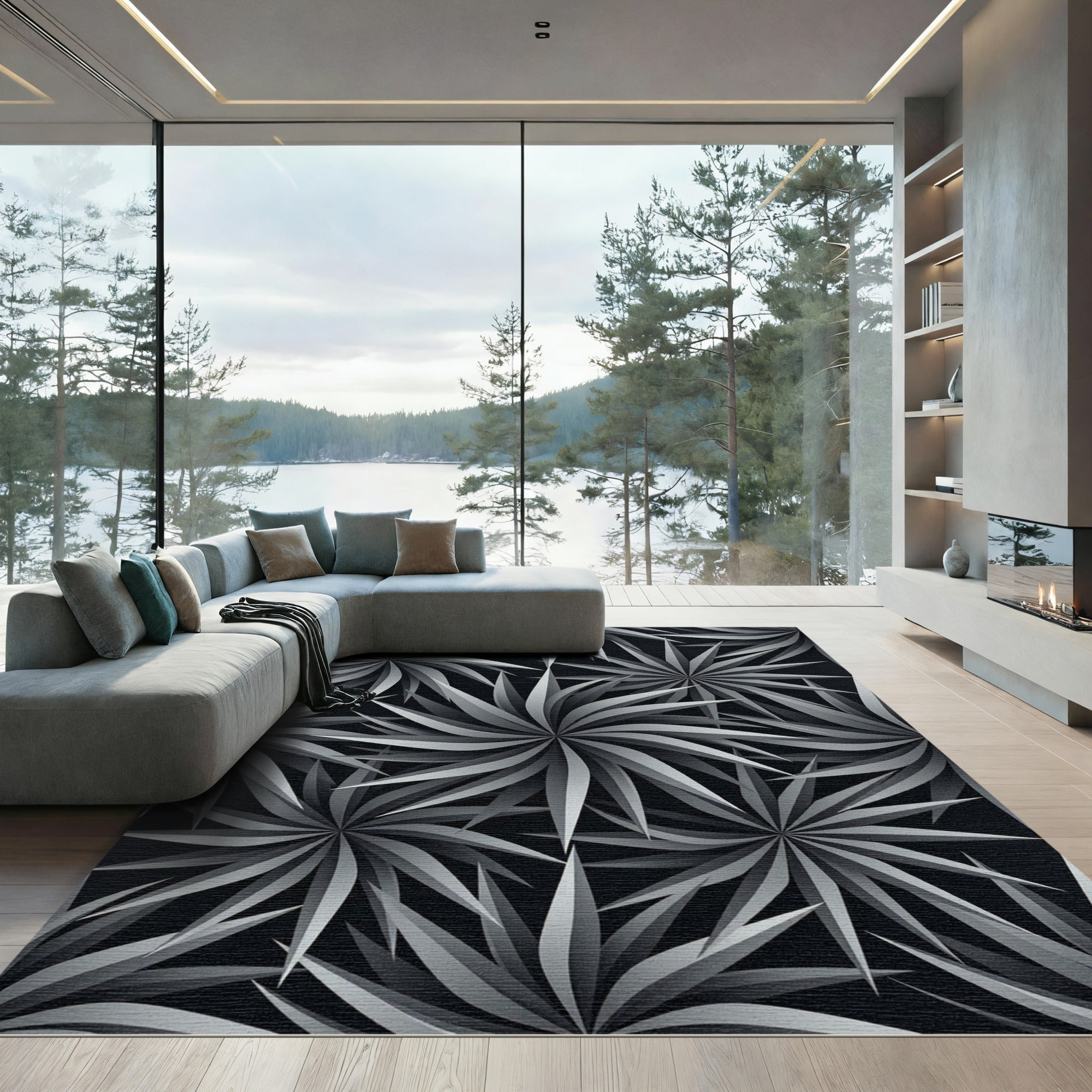 Modern Monochrome Botanical Starburst Art Rug