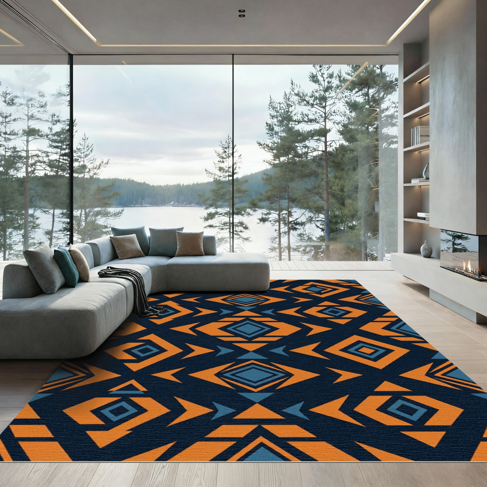 Bold Navy and Orange Geometric Diamond Rug