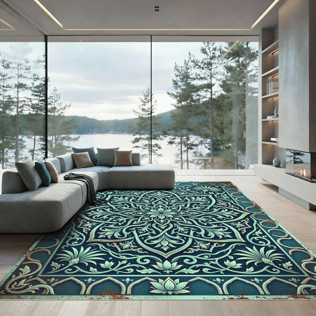 Elegant Teal Floral Medallion Flourish Rug