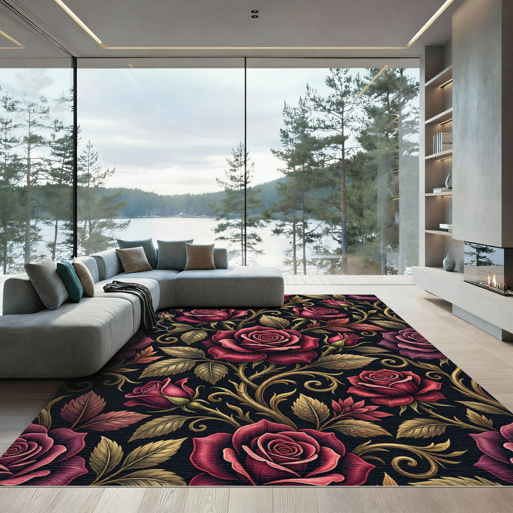 Crimson Rose Vine Flourish Rug
