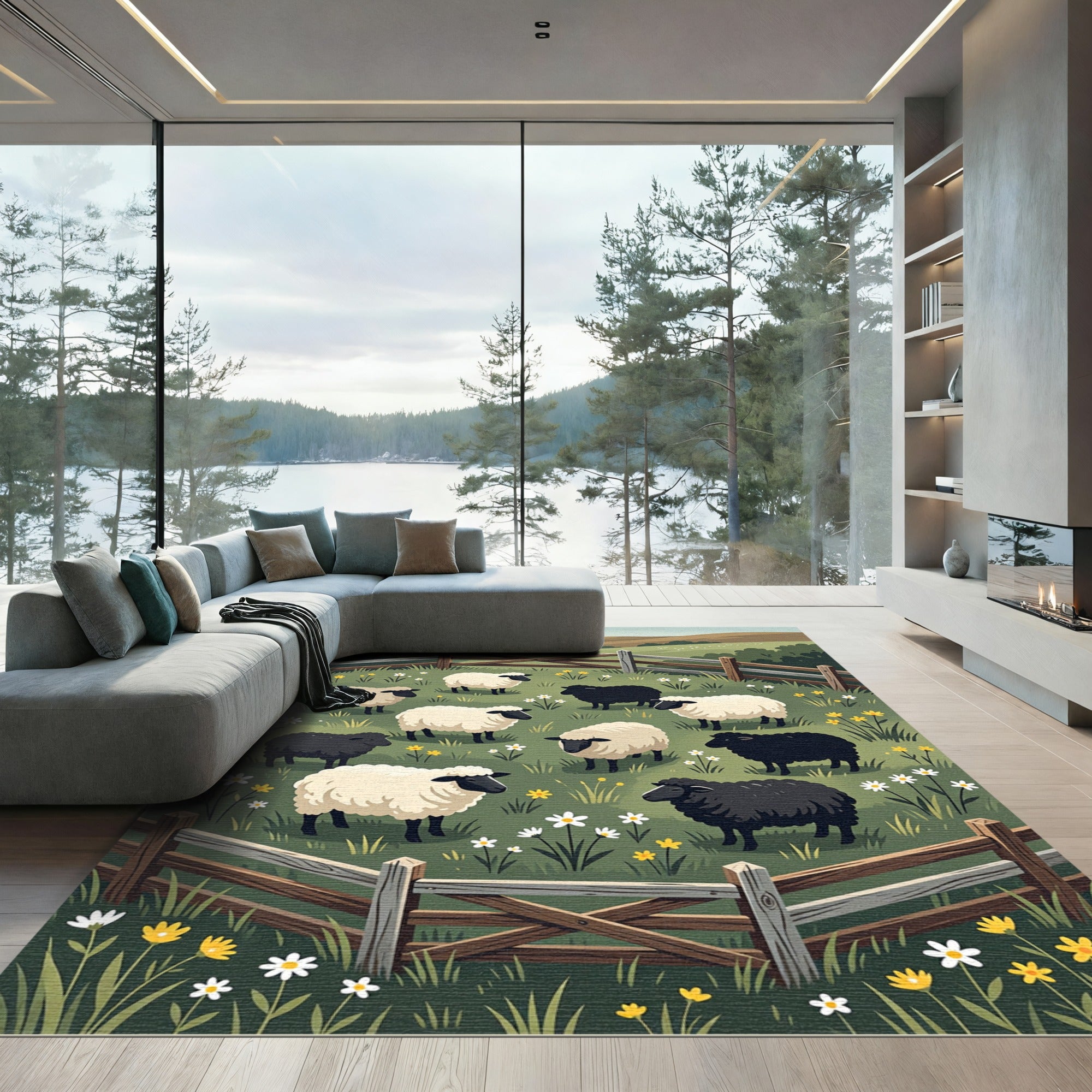 Pastoral Sheep and Wildflower Meadow Rug