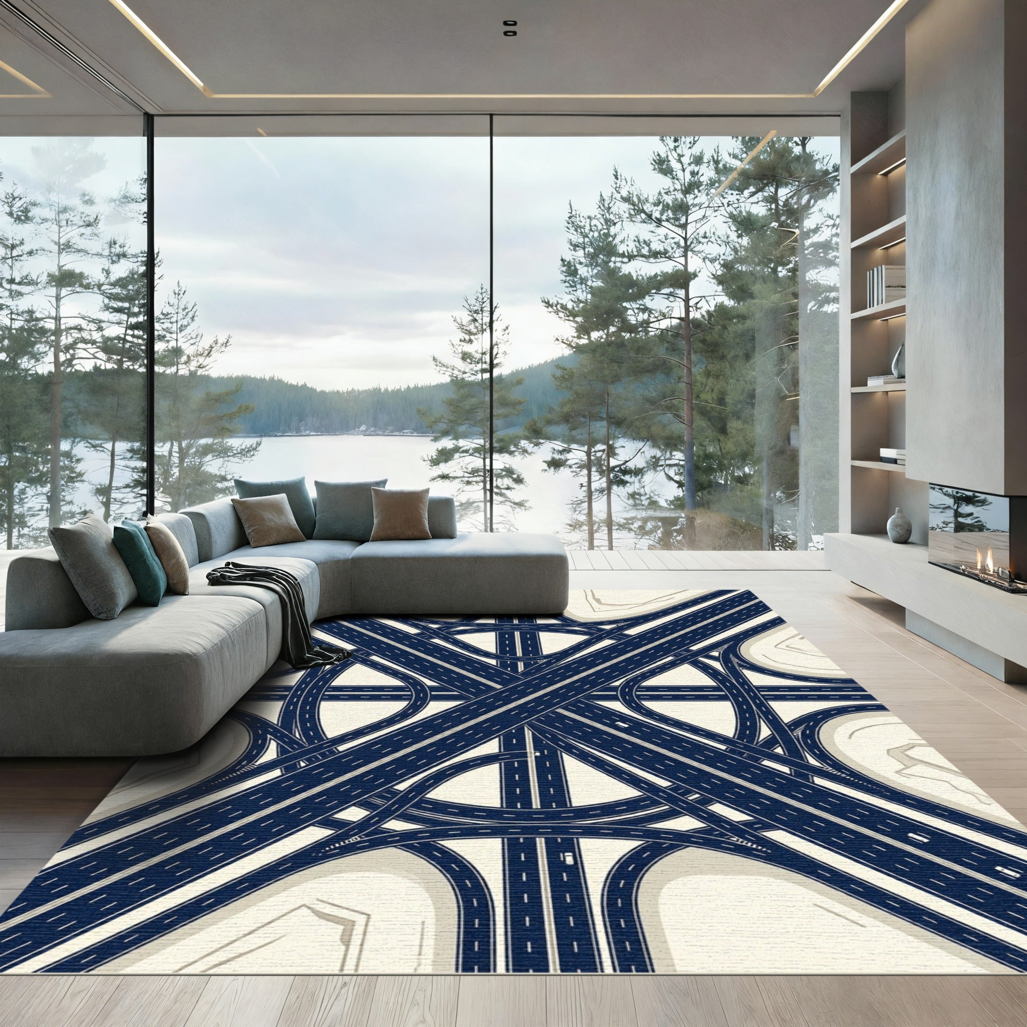 Modern Midnight Navy Highway Intersection Rug