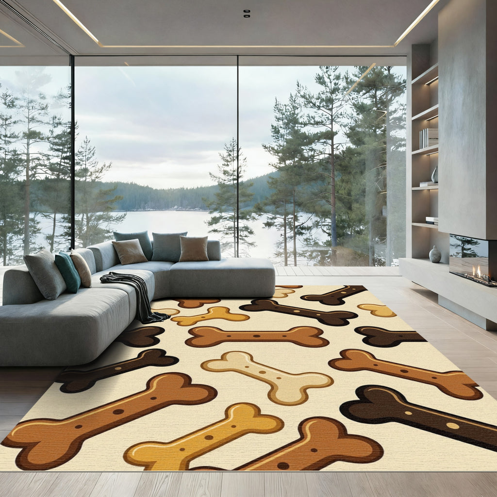 Playful Brown Dog Bone Treat Illustration Rug