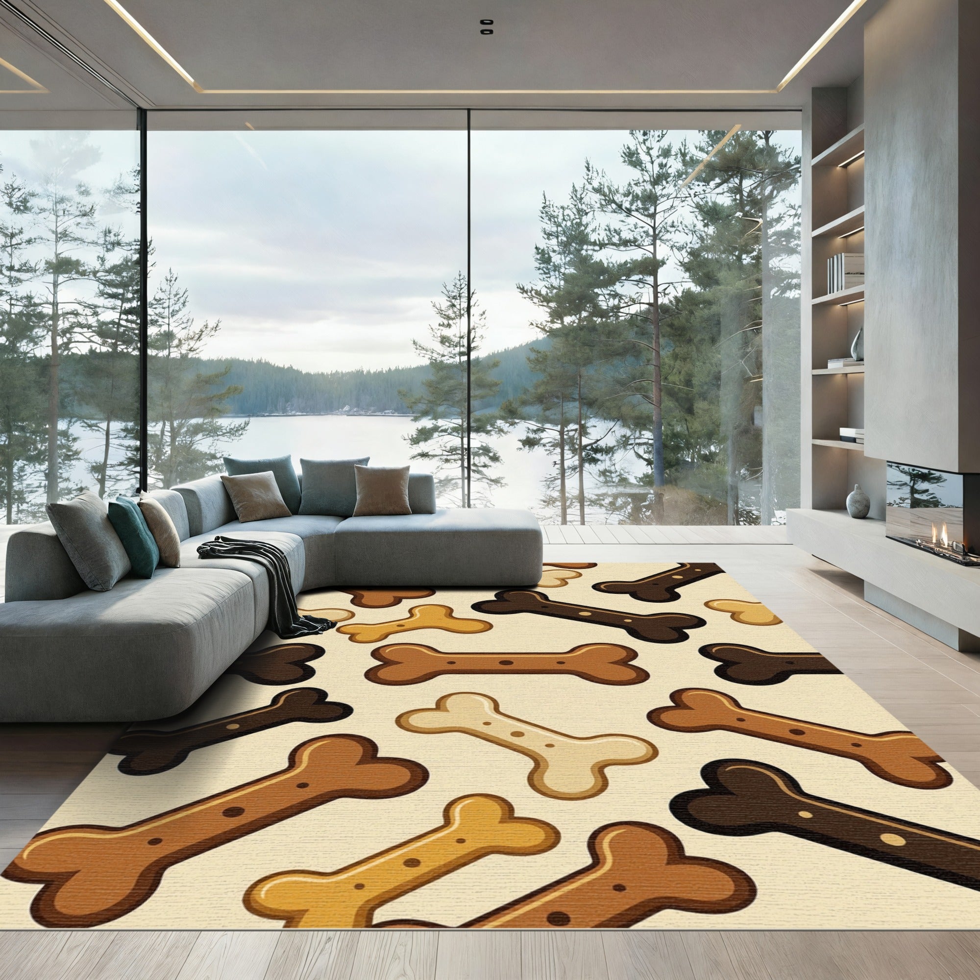 Playful Brown Dog Bone Treat Illustration Rug