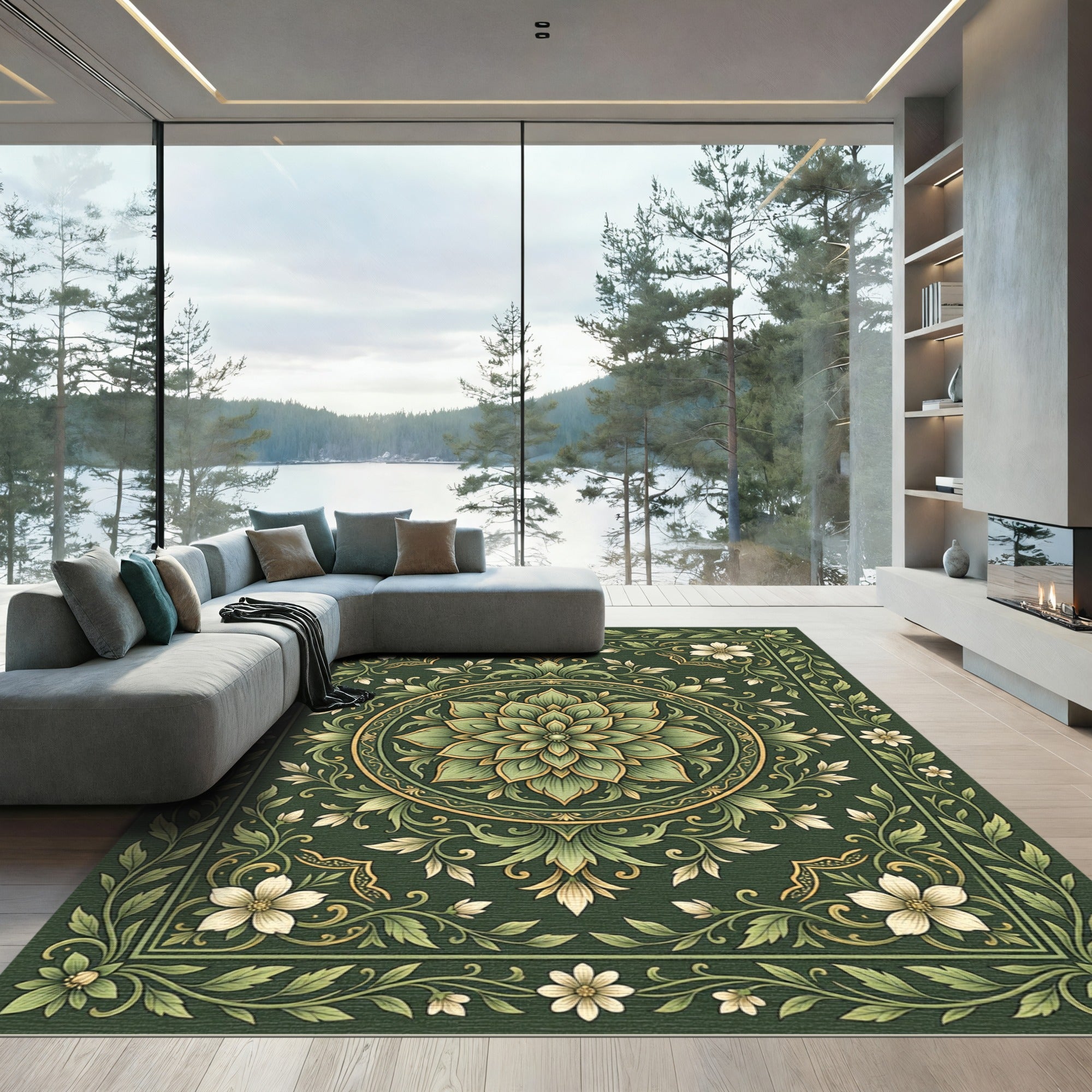 Elegant Sage Floral Mandalas Botanical Art Rug