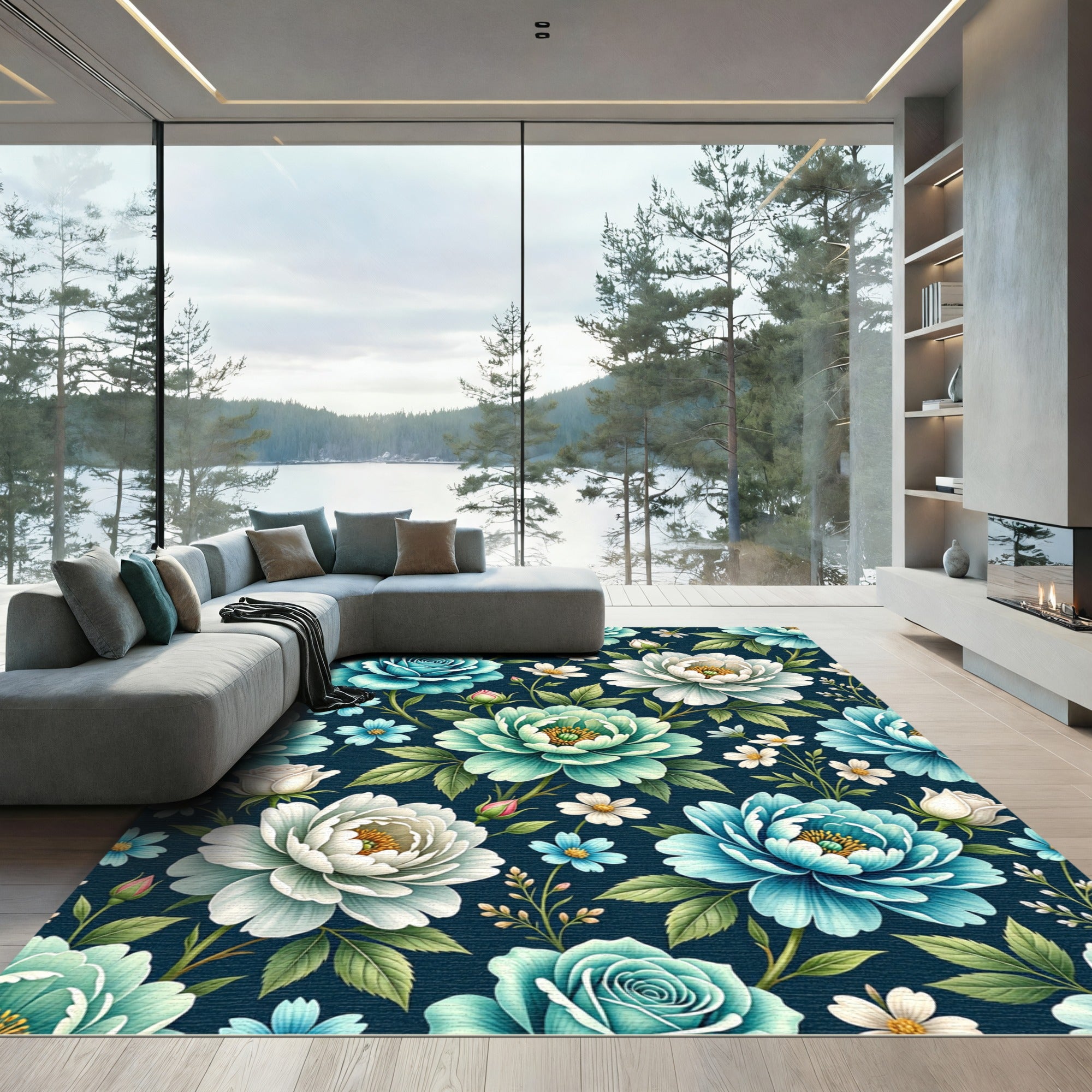 Teal White Ocean Bloom Garden Rug