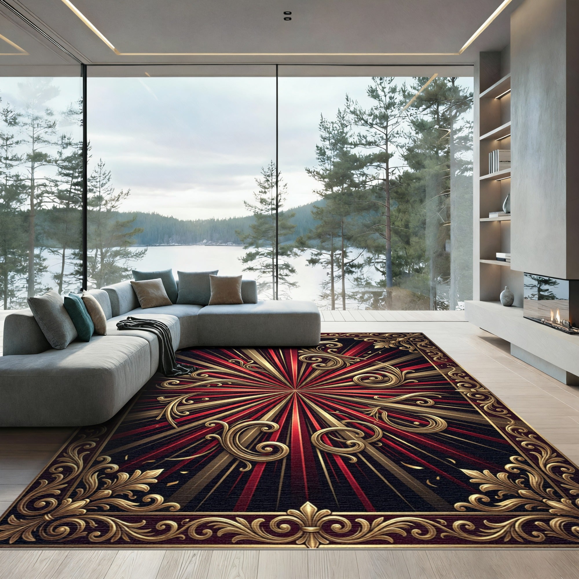 Regal Red Sunburst Swirls Frame Rug