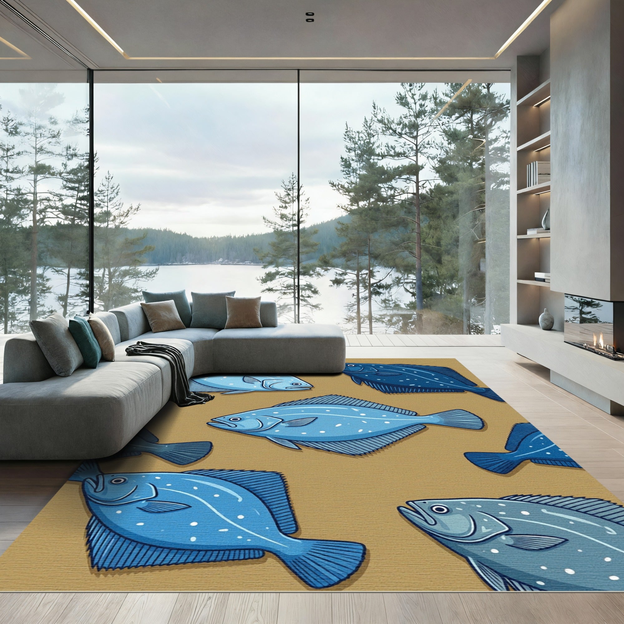Blue Flatfish School Aquatic Illustration Rug