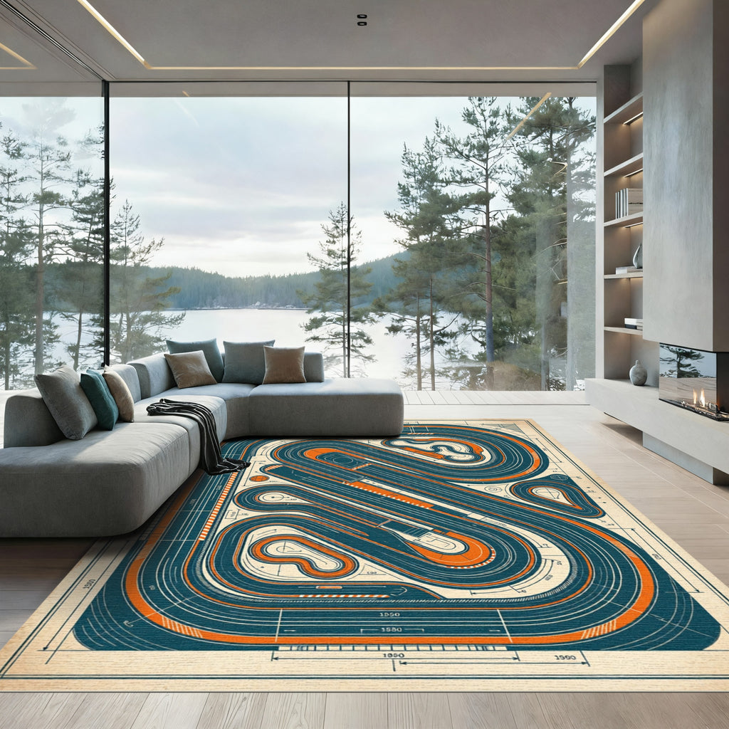 Vintage Blue and Orange Raceway Schematic Rug