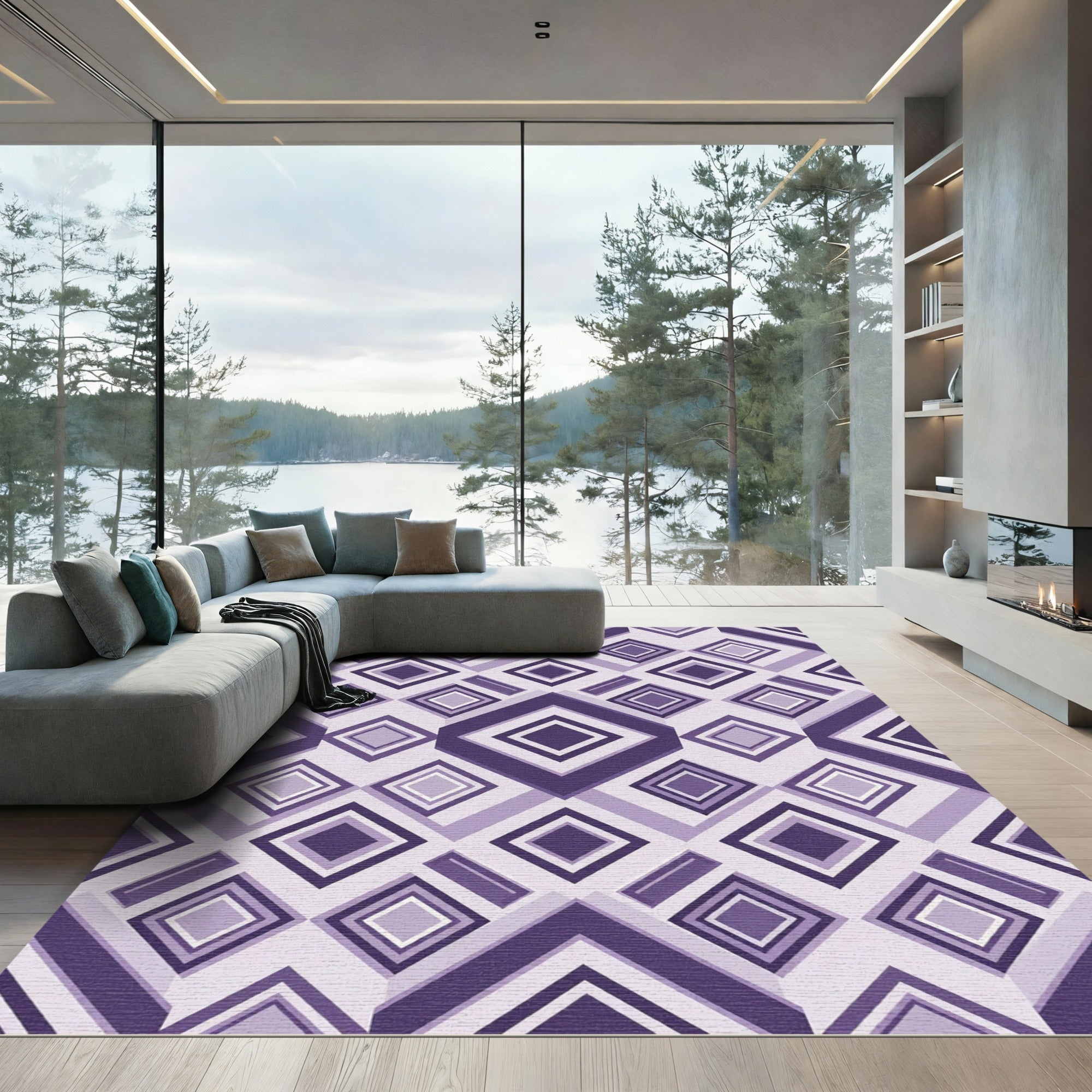 Purple Geometric Layered Diamond Grid Rug
