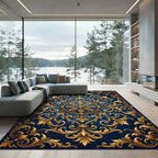 Royal Navy Gold Ornate Scroll Medallion Rug