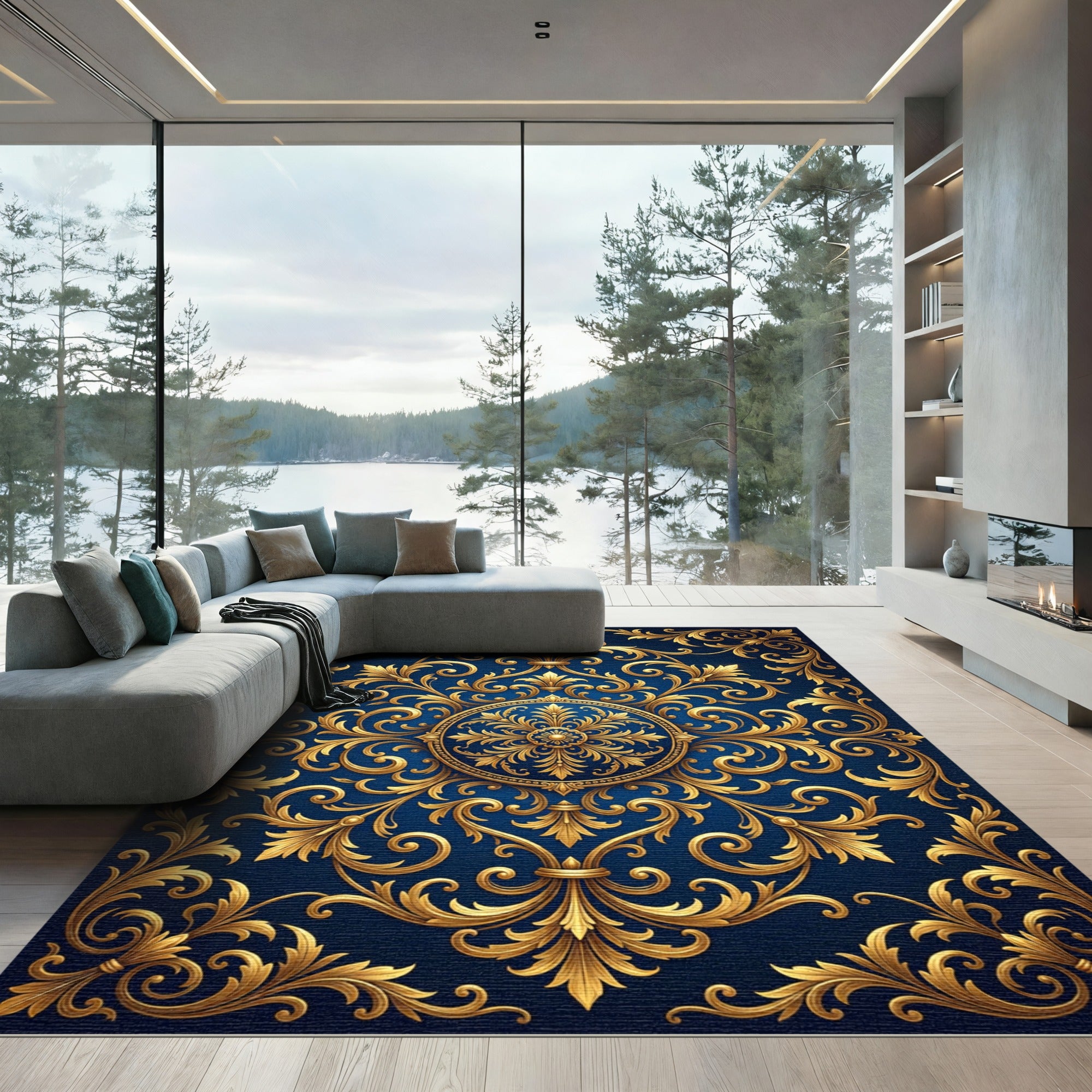 Royal Navy Gold Ornate Scroll Medallion Rug