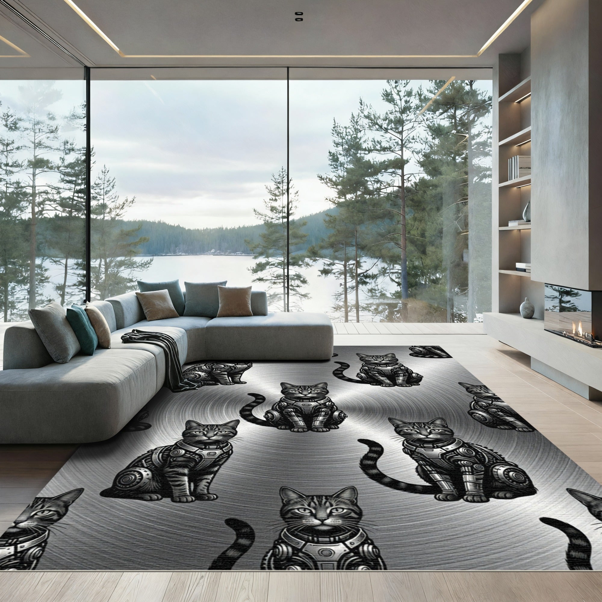 Monochromatic Robotic Feline Metal Texture Rug