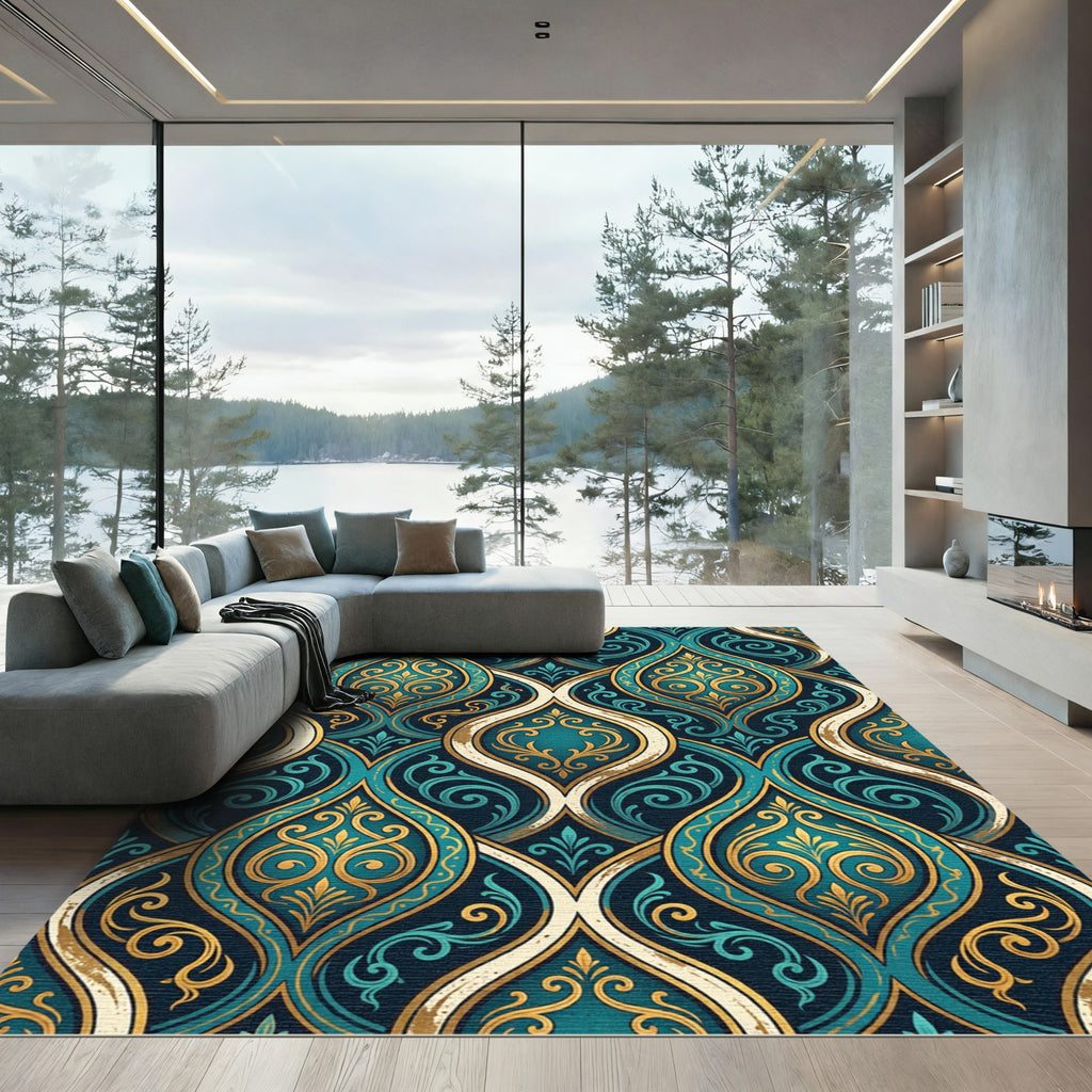 Elegant Teal and Gold Damask Swirl Rug