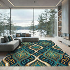 Elegant Teal and Gold Damask Swirl Rug